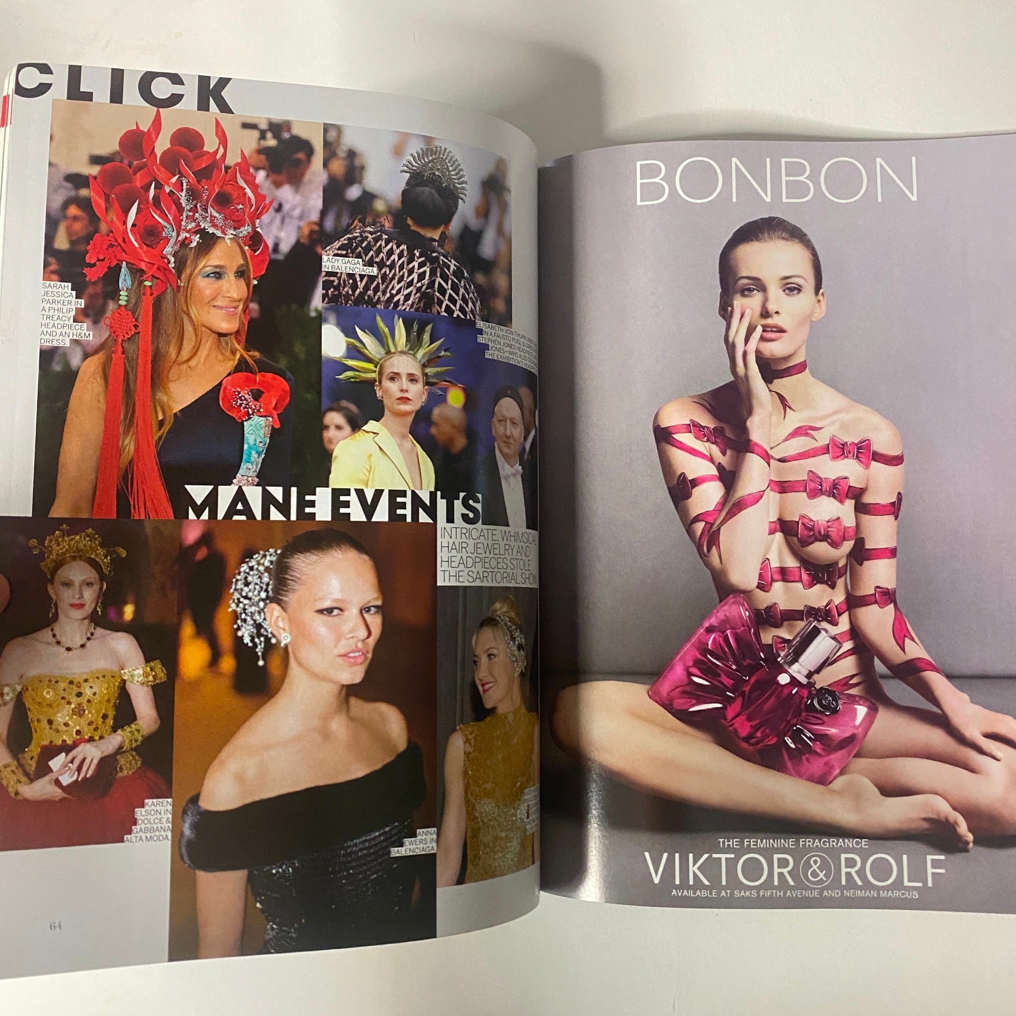 Vogue Magazine 2015 page featuring avant-garde fashion looks from the Met Gala, highlighted by intricate headpieces and bold styles. Vogue Magazine 2015 Rihanna Cover for Met Gala No Label VG.