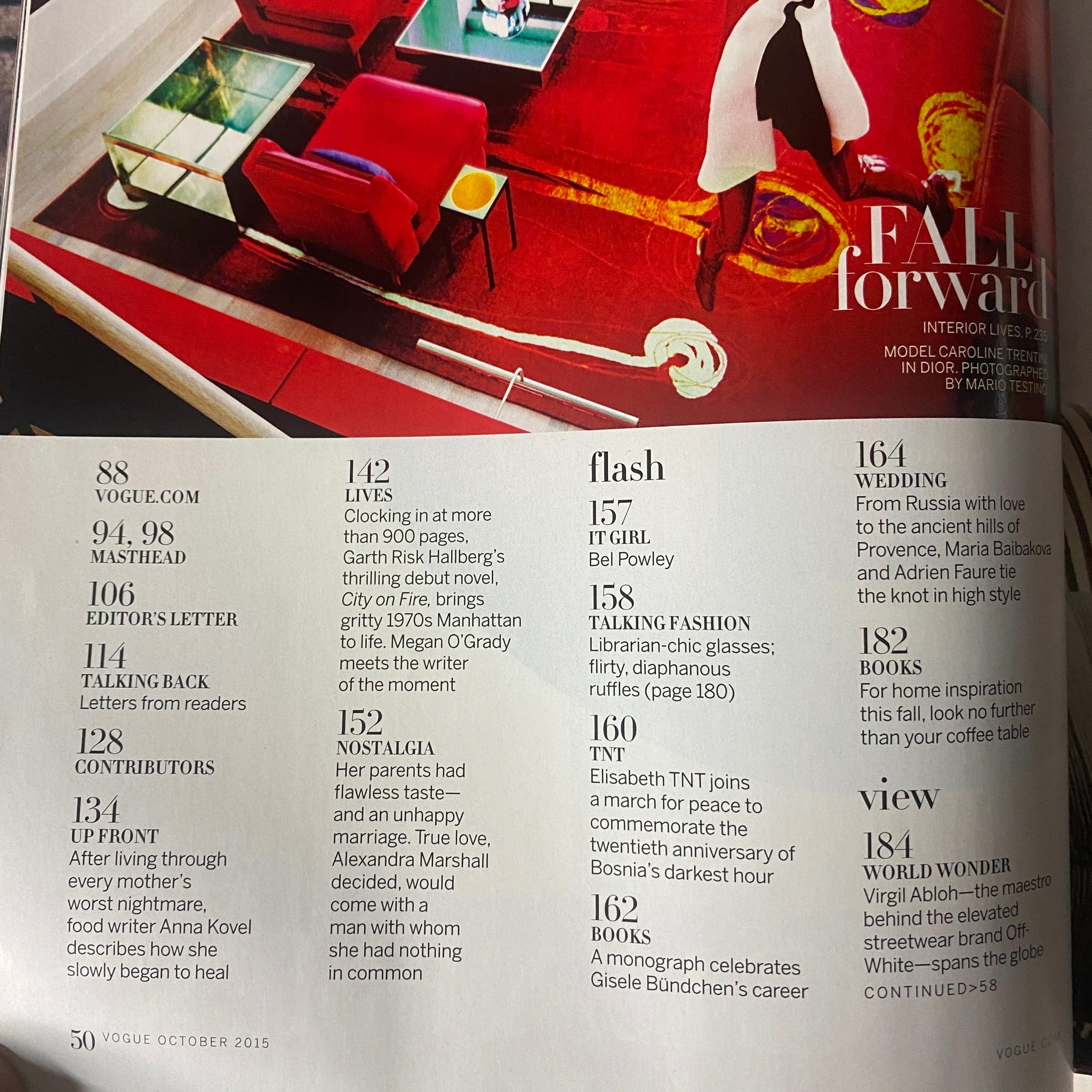 Inside page of Vogue Magazine October 2015, presenting the table of contents with feature articles including 'Fall Forward' and highlights on Lupita Nyong’o.