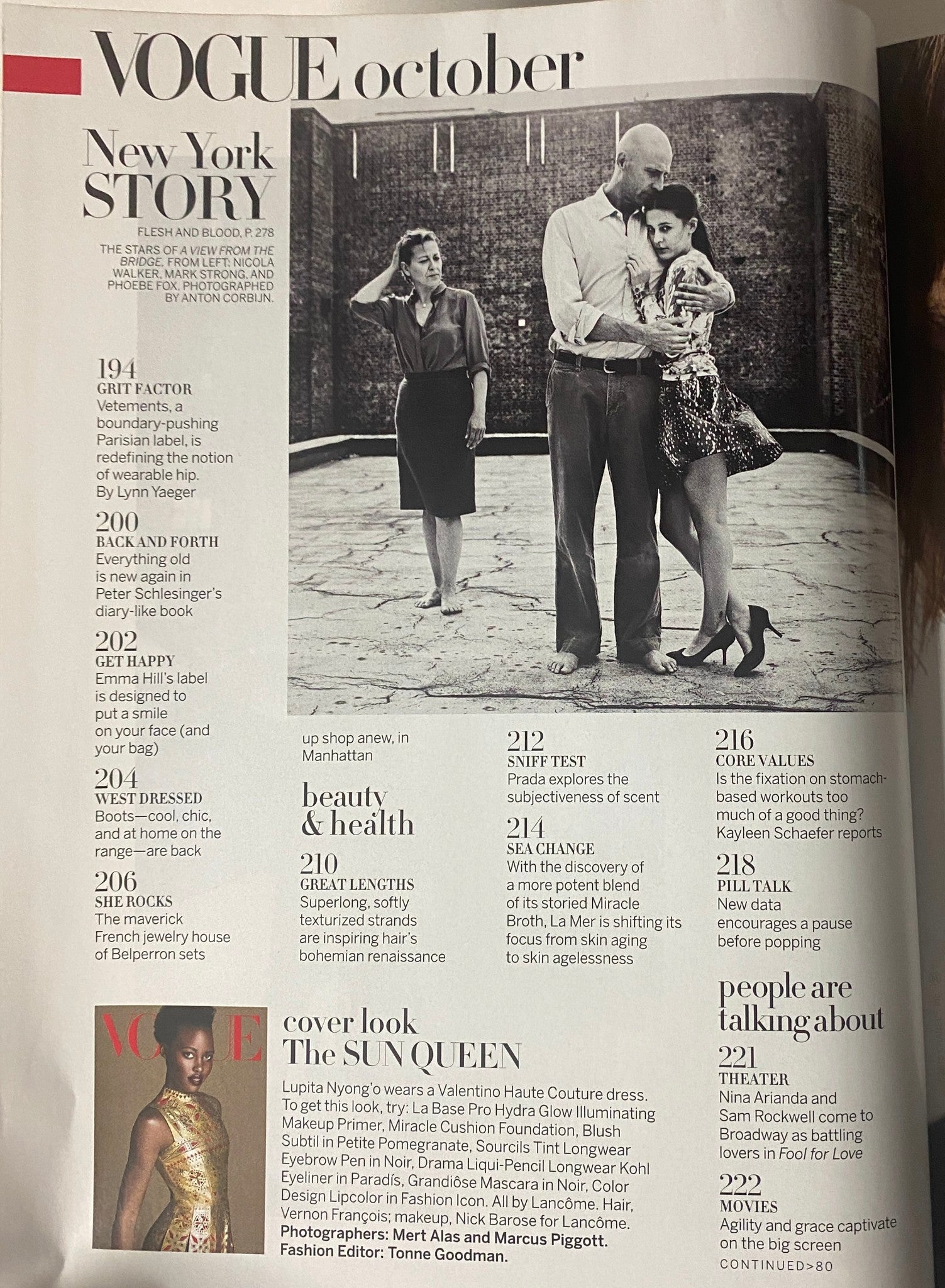 Another inside page of Vogue Magazine October 2015 featuring a New York story and a fashion editorial showcasing Lupita Nyong’o in a couture dress.