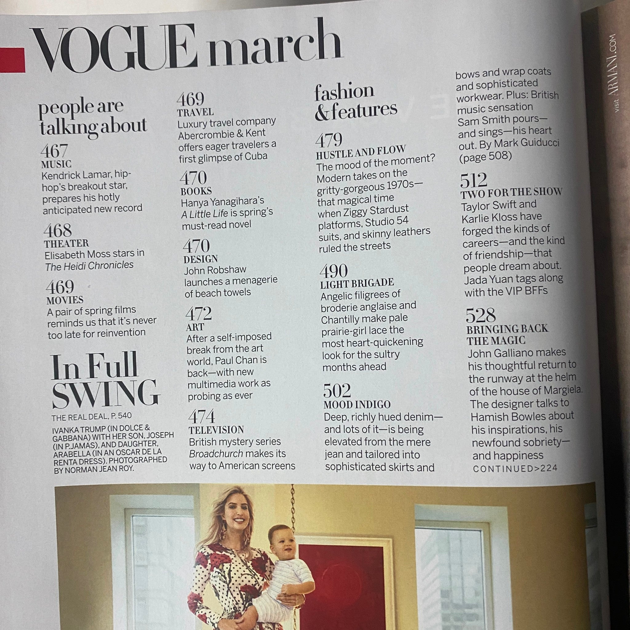 Vogue Magazine March 2015 showcasing a page with celebrity features including Kendrick Lamar and Elisabeth Moss, under the section 'People Are Talking About'.