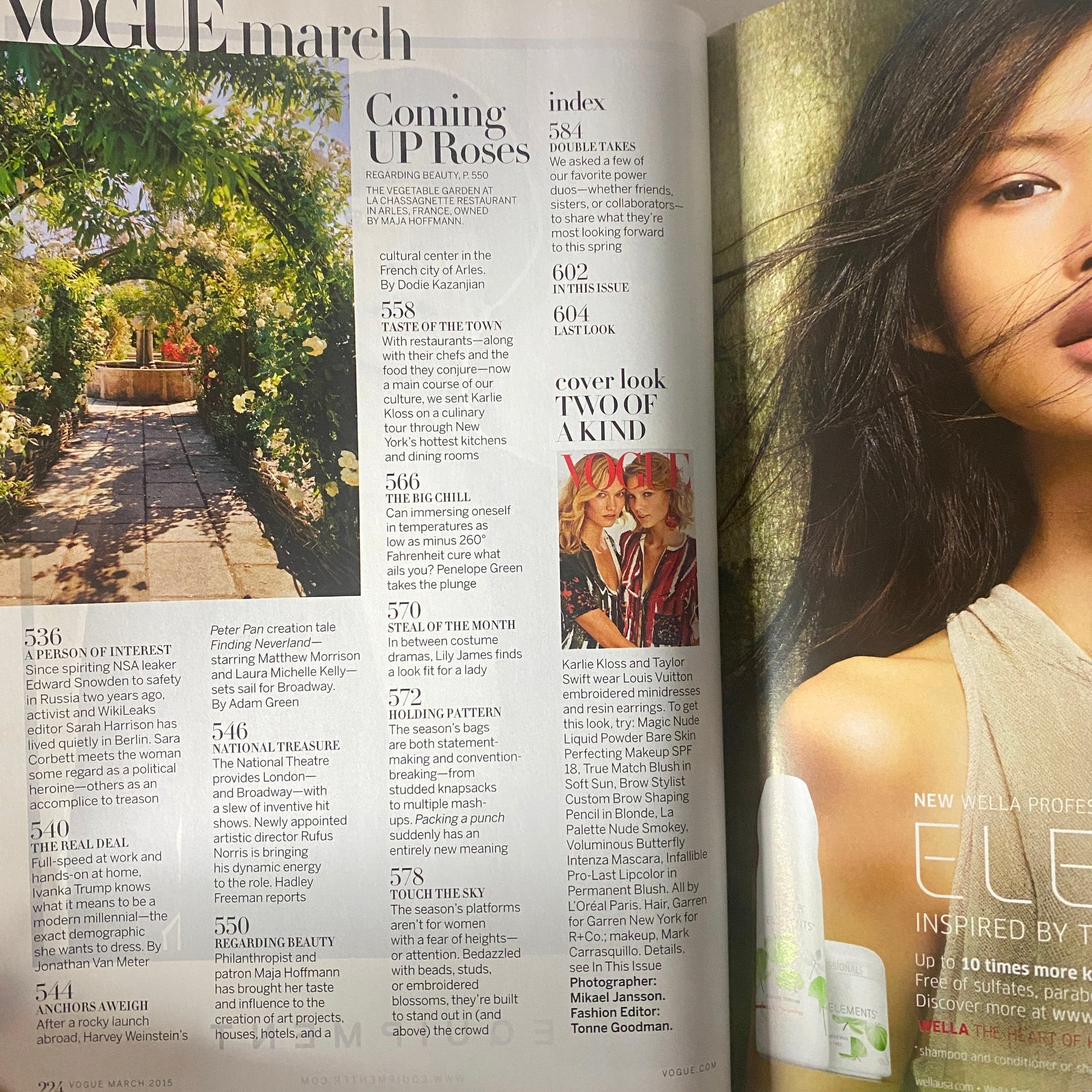 Vogue Magazine March 2015 article titled 'Coming Up Roses' with a focus on lifestyle and fashion, showing vibrant floral imagery and editorial content.