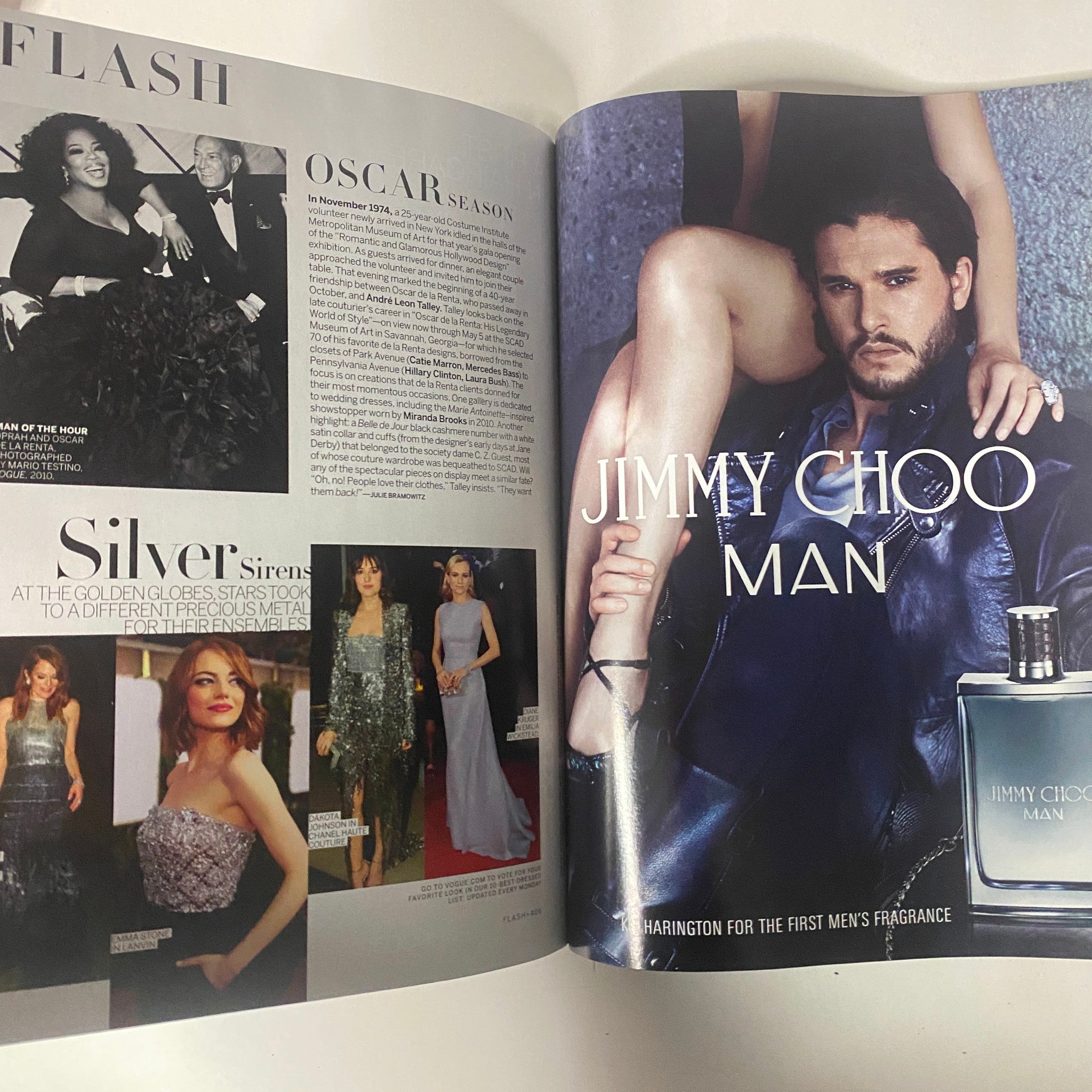 Vogue Magazine March 2015 featuring a segment on the Oscars with a visually striking advertisement for Jimmy Choo Man fragrance.