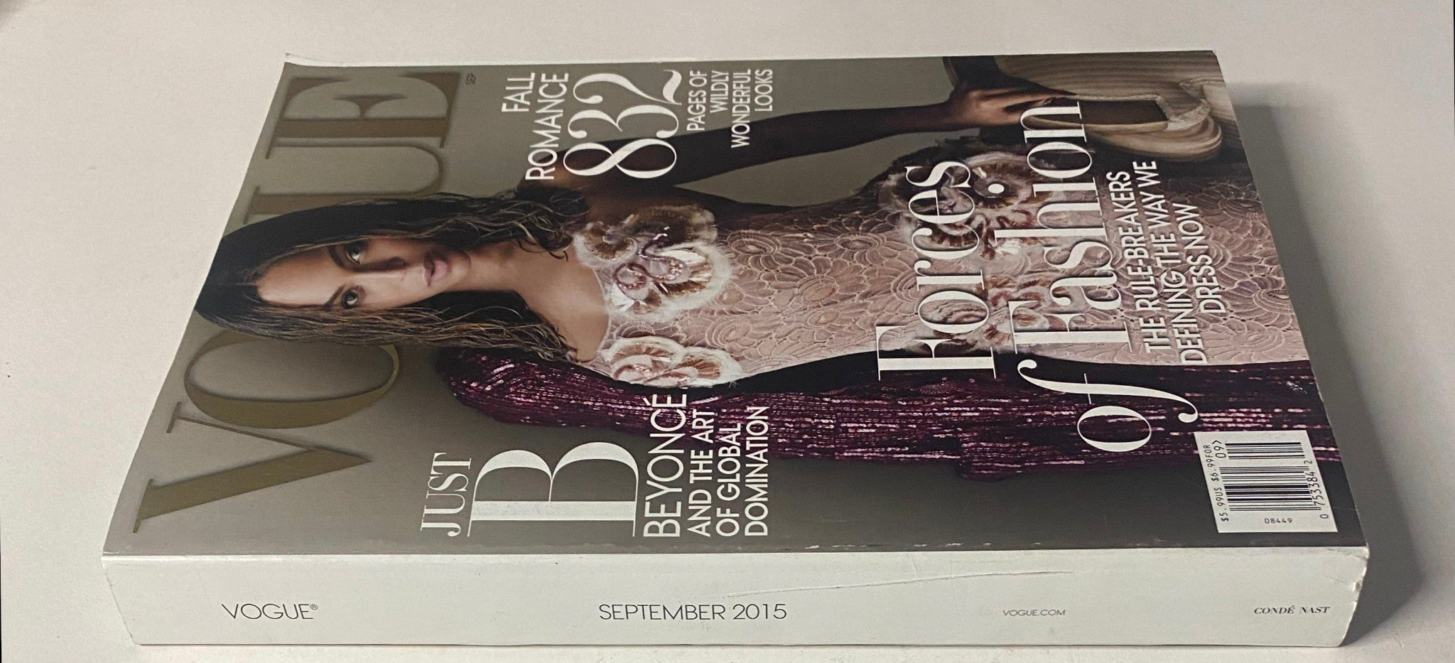 Back cover of Vogue Magazine September 2015 with Beyoncé's iconic cover image, highlighting the focus on 'Forces of Fashion' and contemporary styling.
