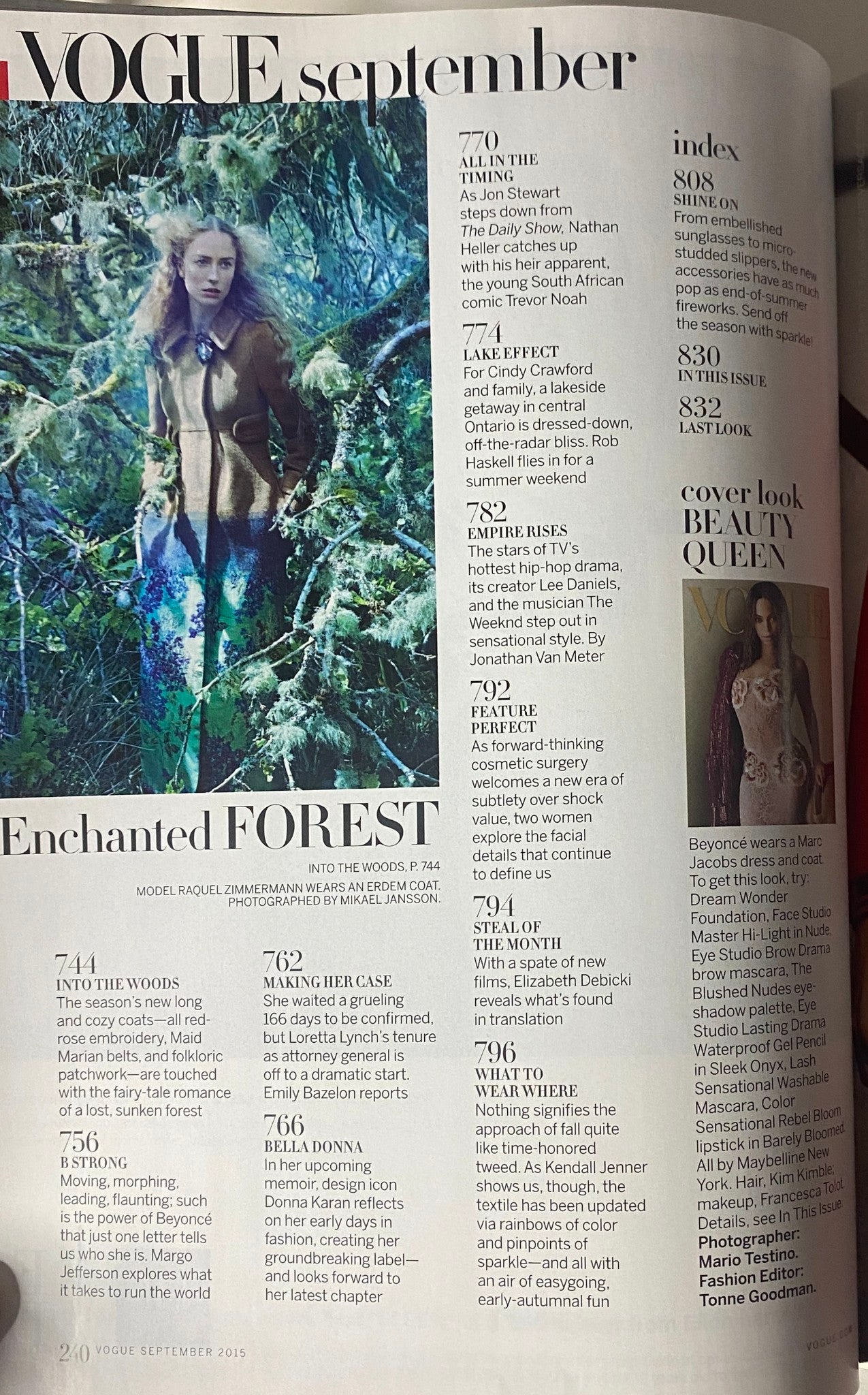 Vogue Magazine September 2015 showcases a fashion spread titled 'Into the Woods,' featuring model Raquel Zimmermann in a fairytale-inspired setting.