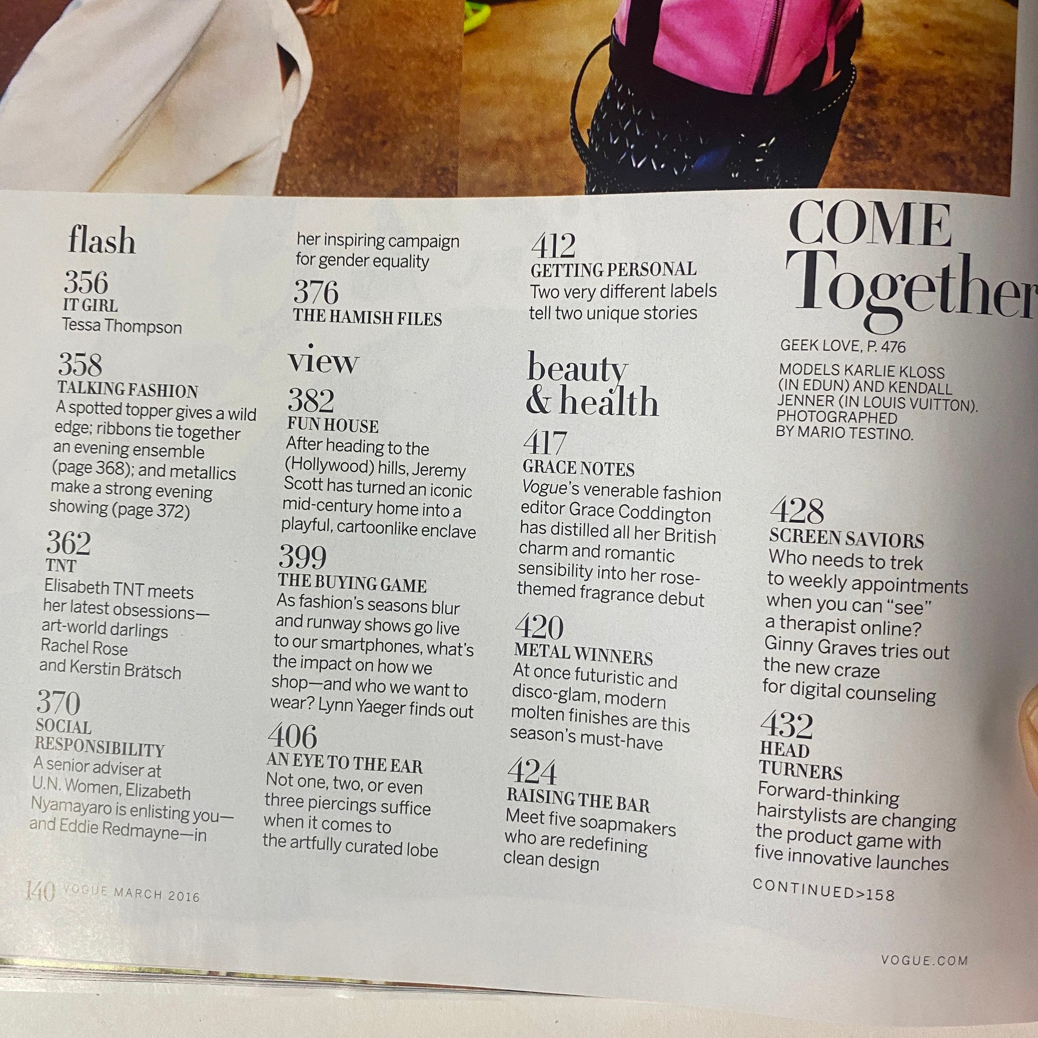 Interior page of Vogue Magazine March 2016 featuring a table of contents listing articles including 'Flash', 'View', and 'Beauty & Health.'