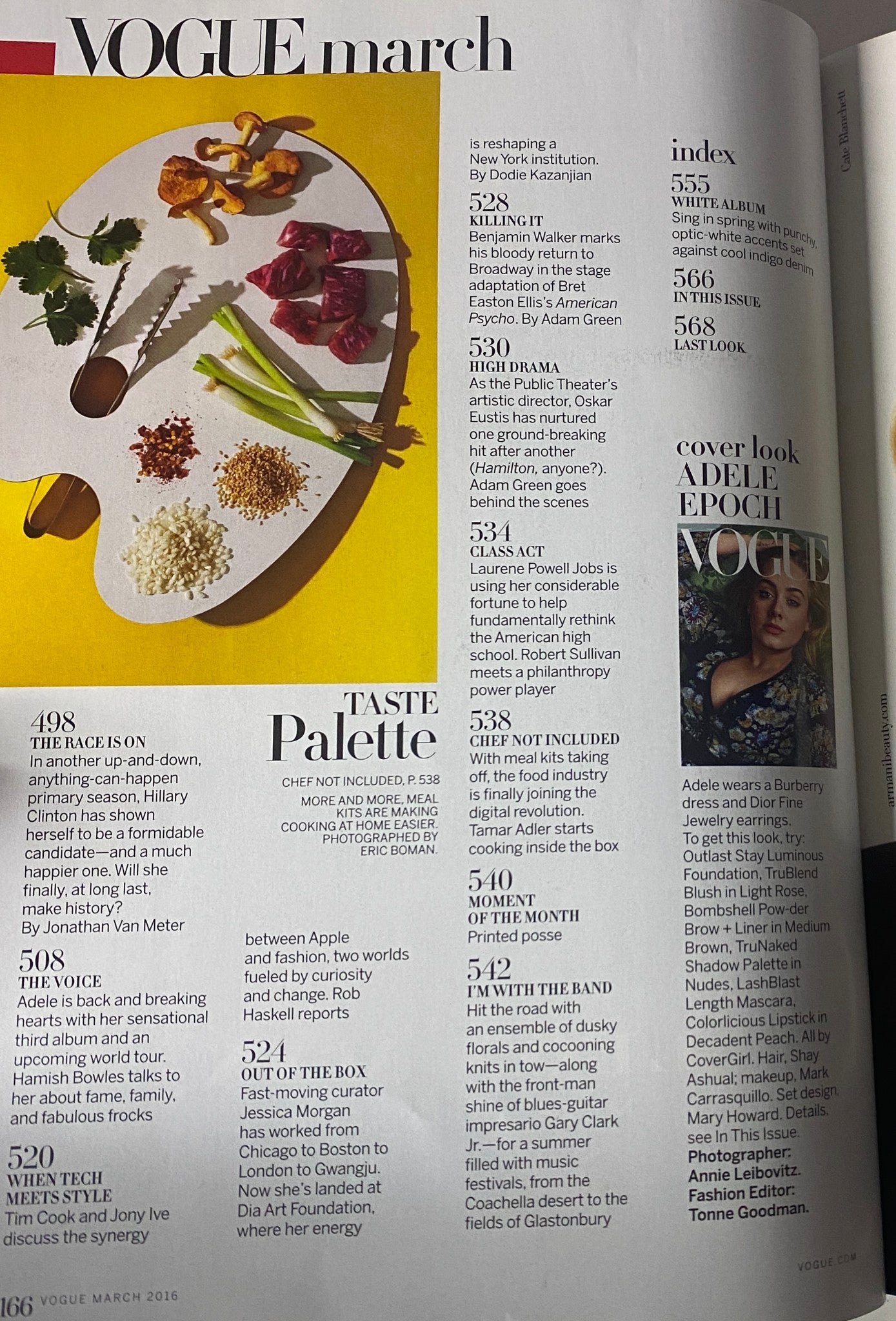 Vogue Magazine March 2016 featuring the article 'The Race Is On' discussing Hillary Clinton's campaign among other topics.
