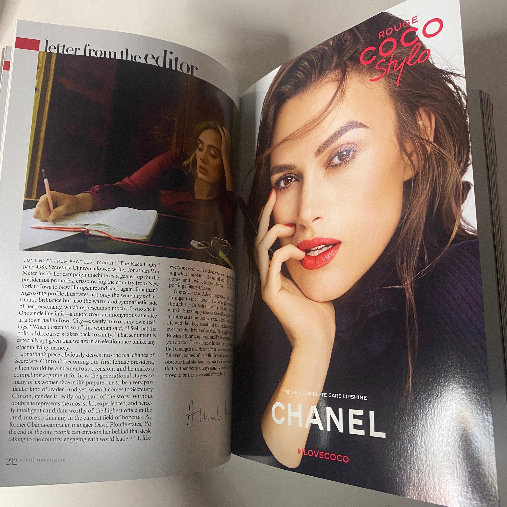An editorial page from Vogue Magazine March 2016 with an advertisement for Chanel featuring a close-up of a model.