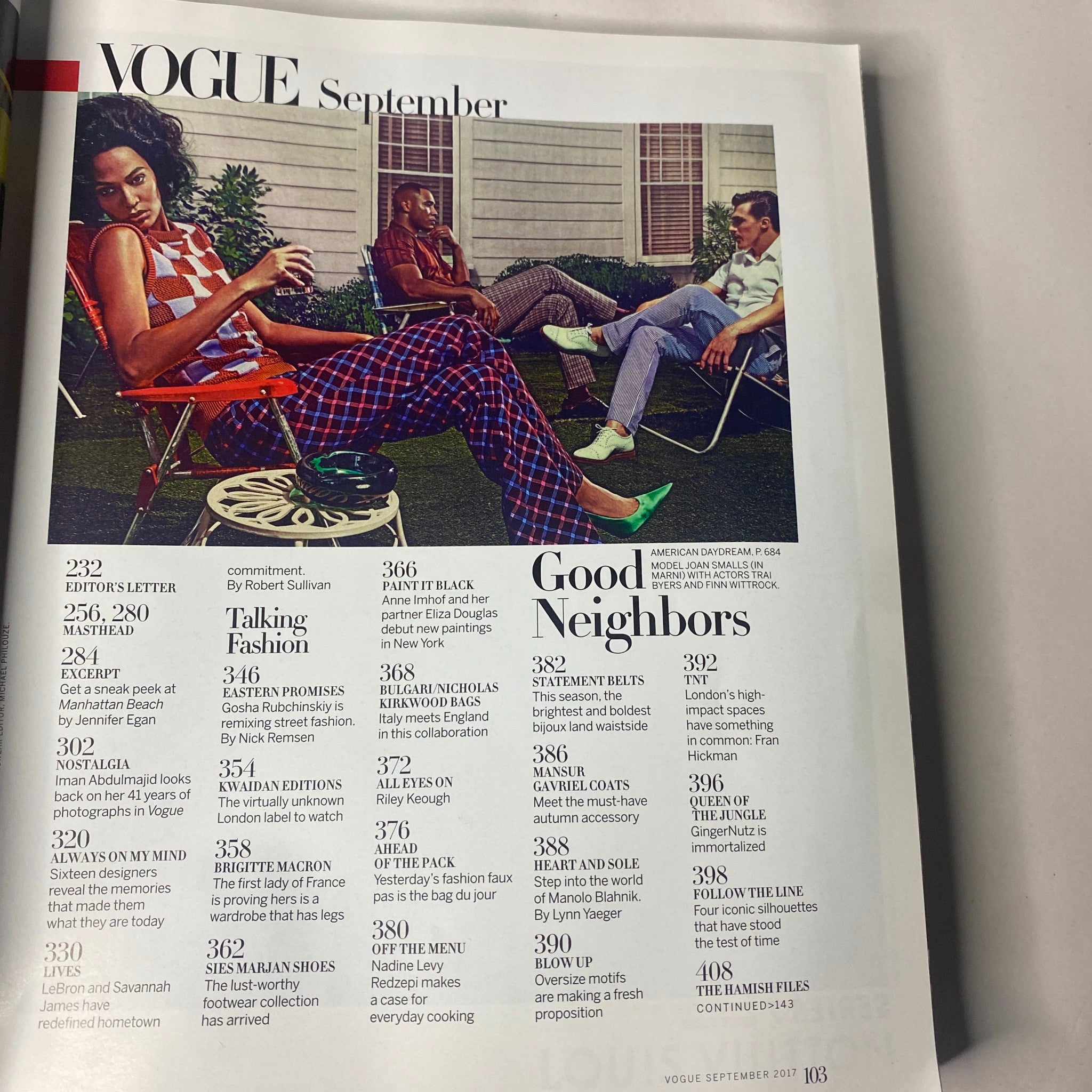Vogue Magazine September 2017 Jennifer Lawrence Cover featuring the article 'Good Neighbors' and fashion themes.