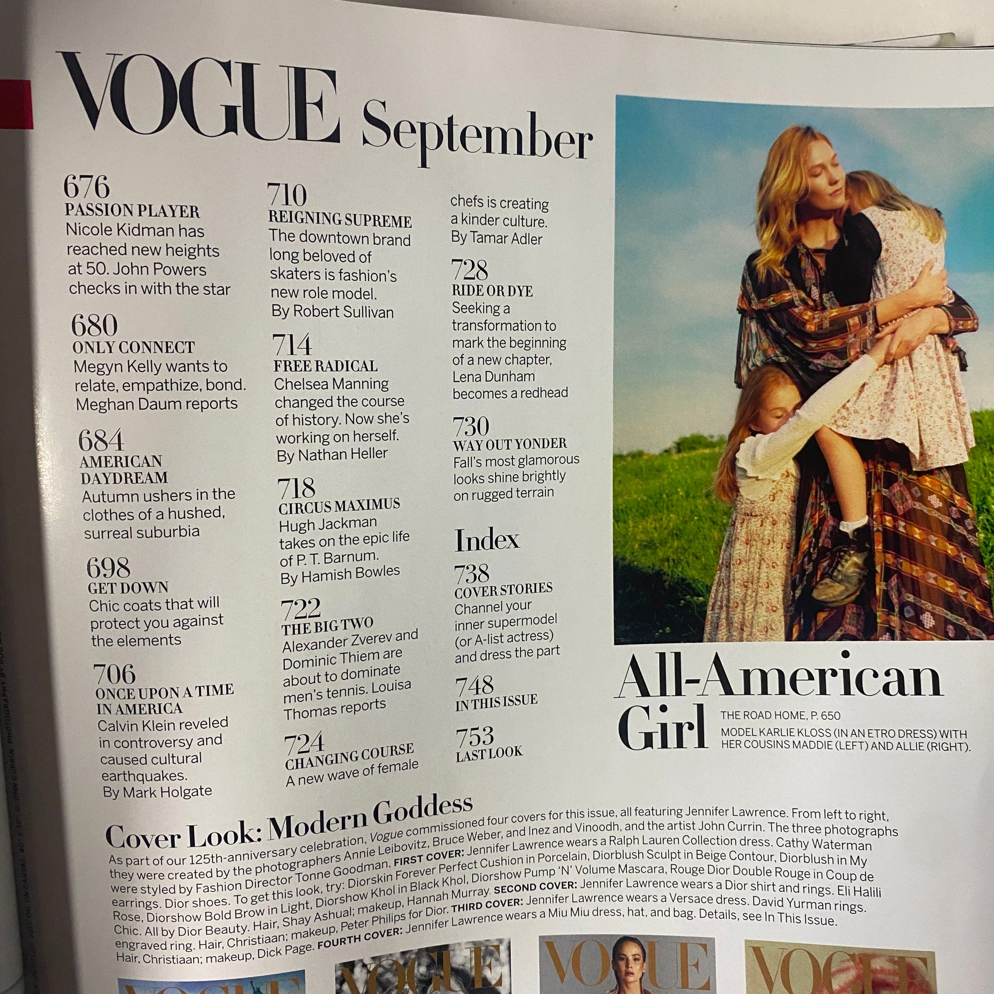 Vogue Magazine September 2017 Jennifer Lawrence Cover highlighting articles like 'Passion Player' and 'American Daydream'.