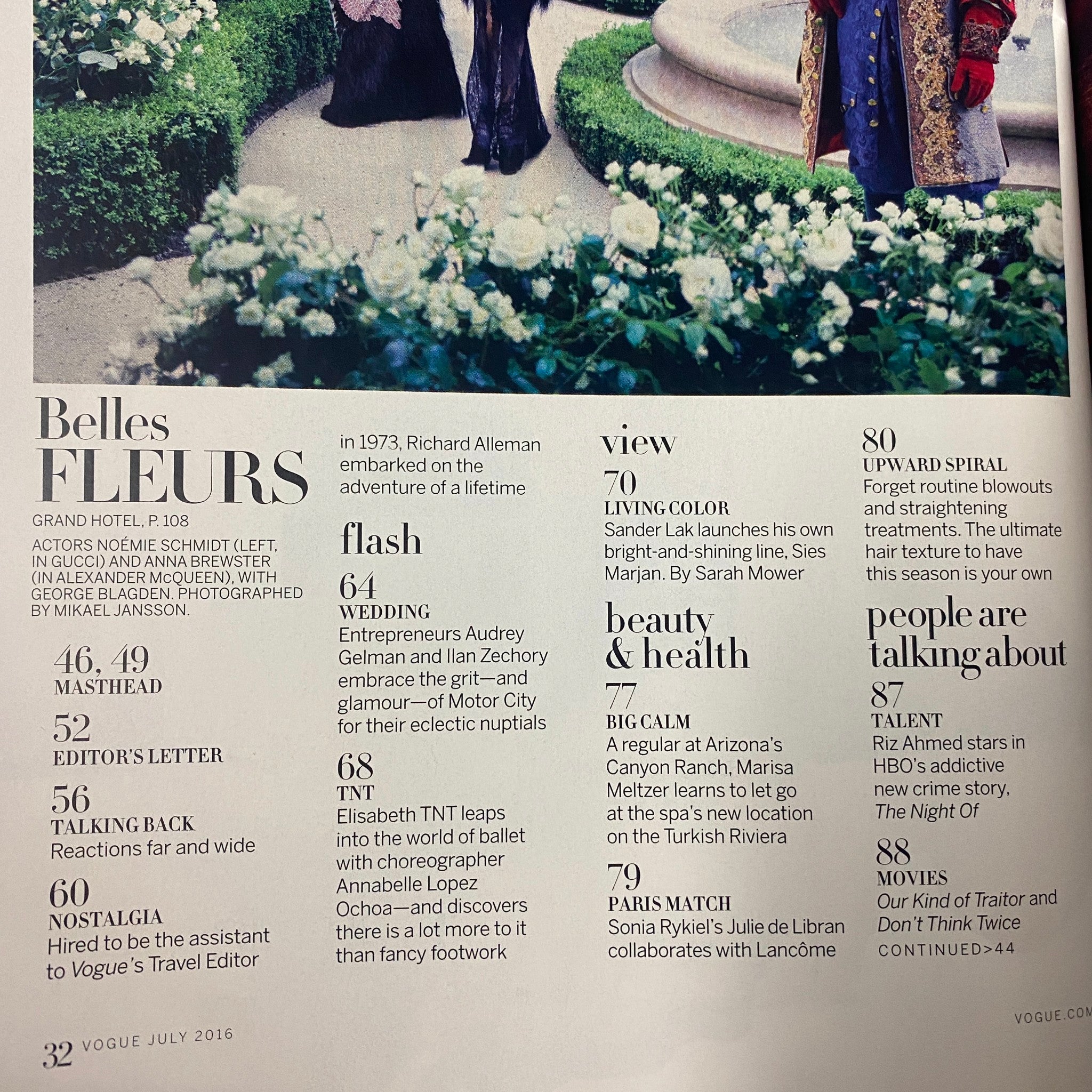 Contents page of Vogue Magazine July 2016, listing features including 'Belles Fleurs' and 'Wedding' with coverage of the Ritz hotel.