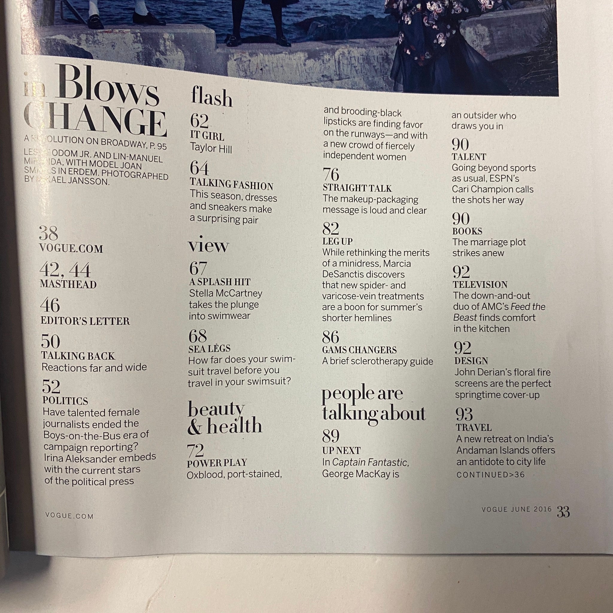Inside page of Vogue Magazine June 2016 listing contents, including features on fashion and culture, featuring Margot Robbie.