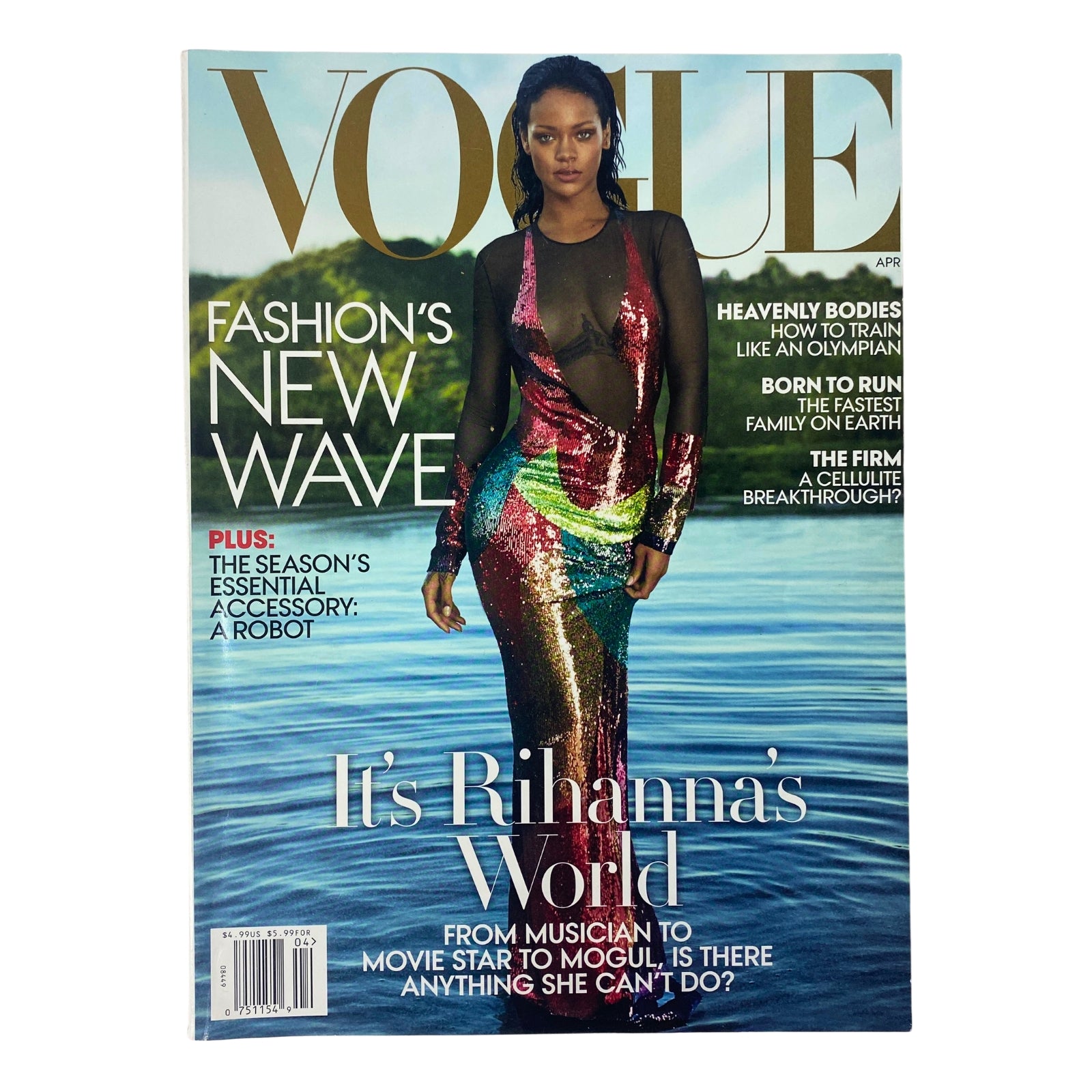 Cover of Vogue Magazine April 2016 featuring Rihanna in a colorful sequined dress, showcasing the title 'It's Rihanna's World' and the headline 'Fashion's New Wave'.