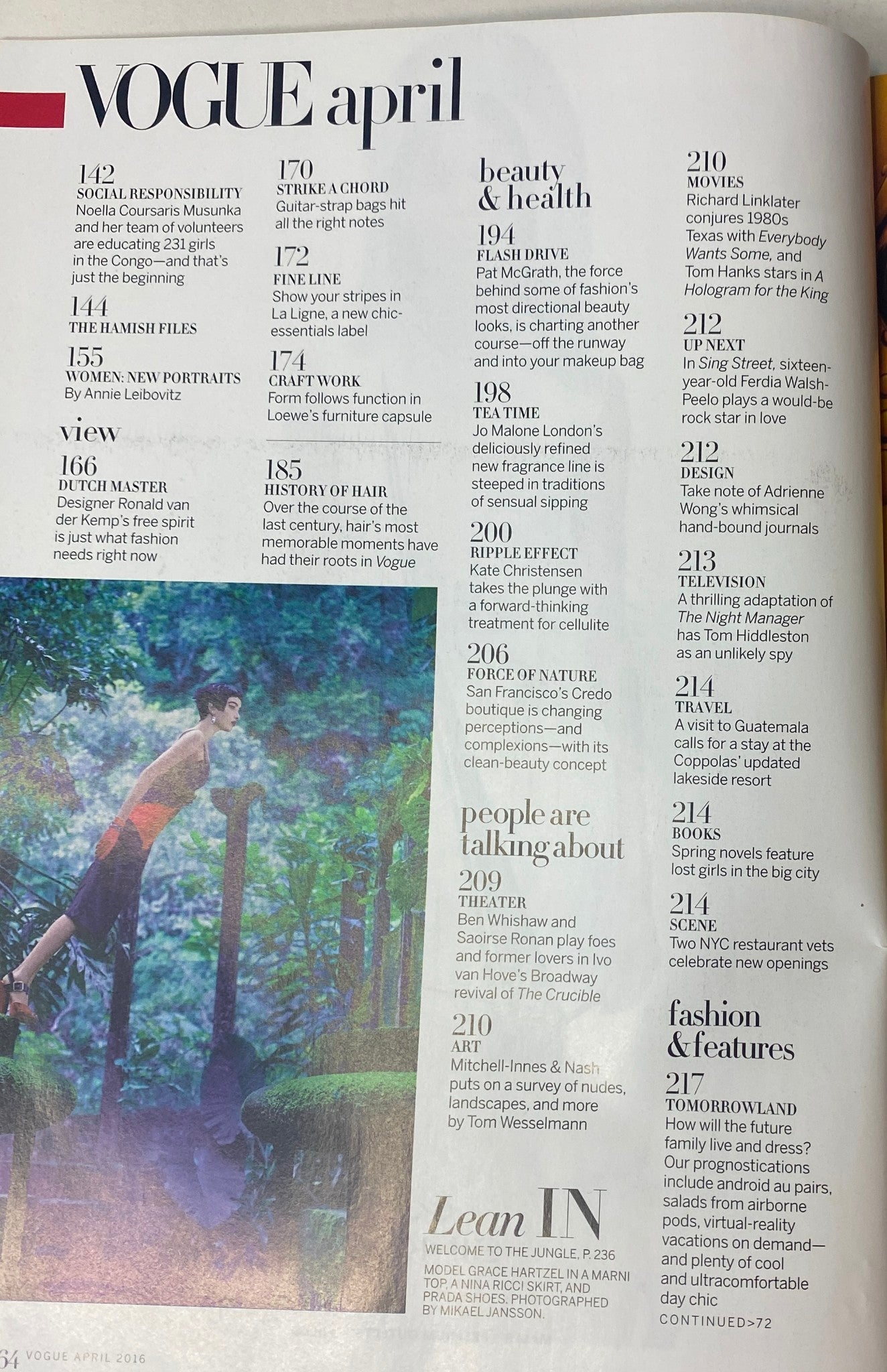 Inside page of Vogue April 2016 with the table of contents, featuring articles including 'Beauty & Health' and 'People Are Talking About' alongside a photo of models.
