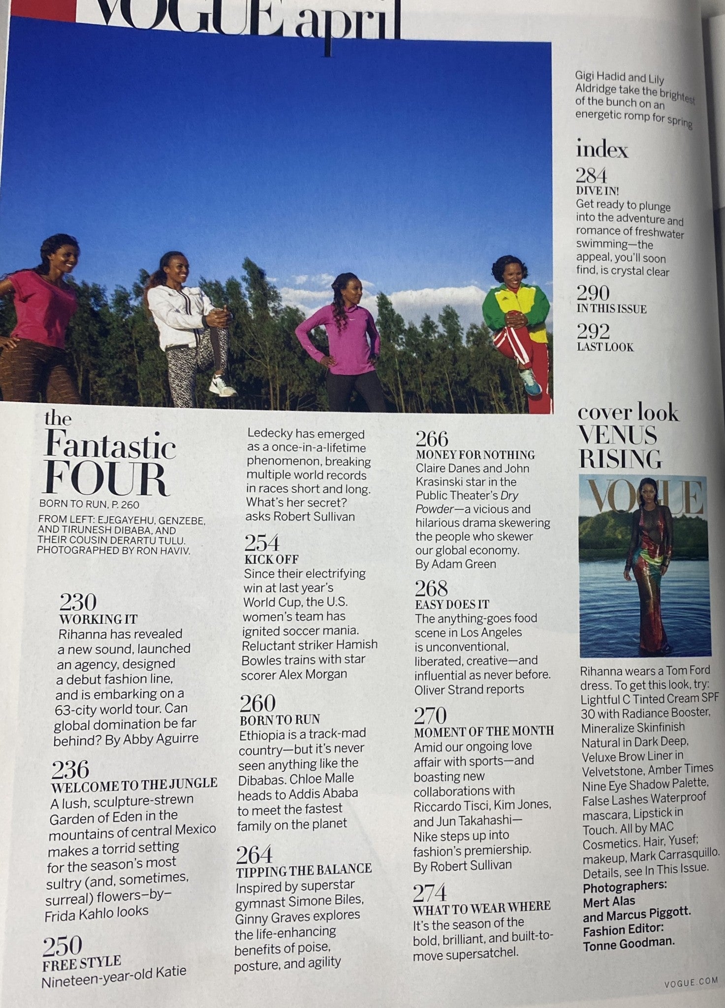 Second inside page of Vogue April 2016 listing articles such as 'Born to Run' and 'Fantastic Four', illustrating the magazine's diverse content.