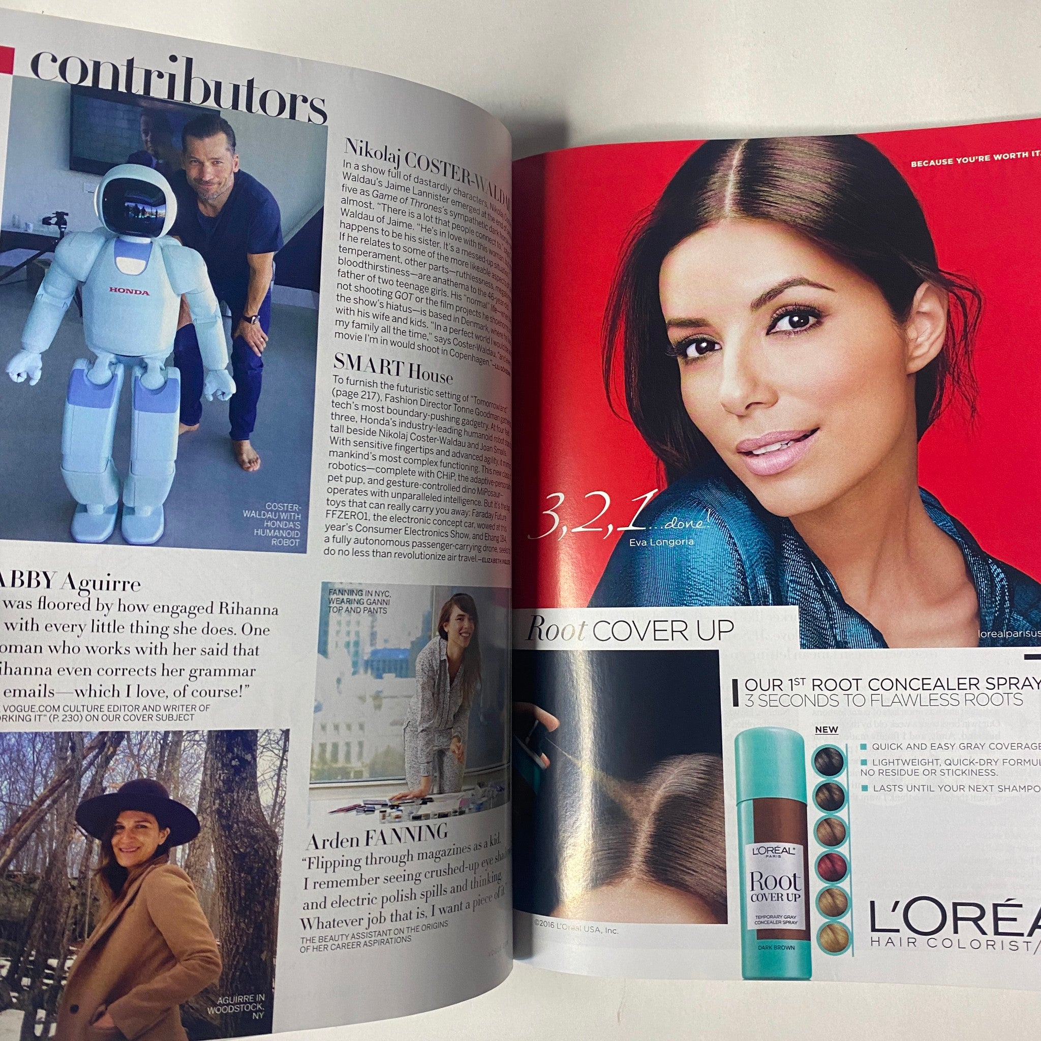 Vogue Magazine April 2016 Rihanna Cover No Label VG displaying contributors including a humanoid robot and Eva Longoria, highlighting themes of innovation and beauty.