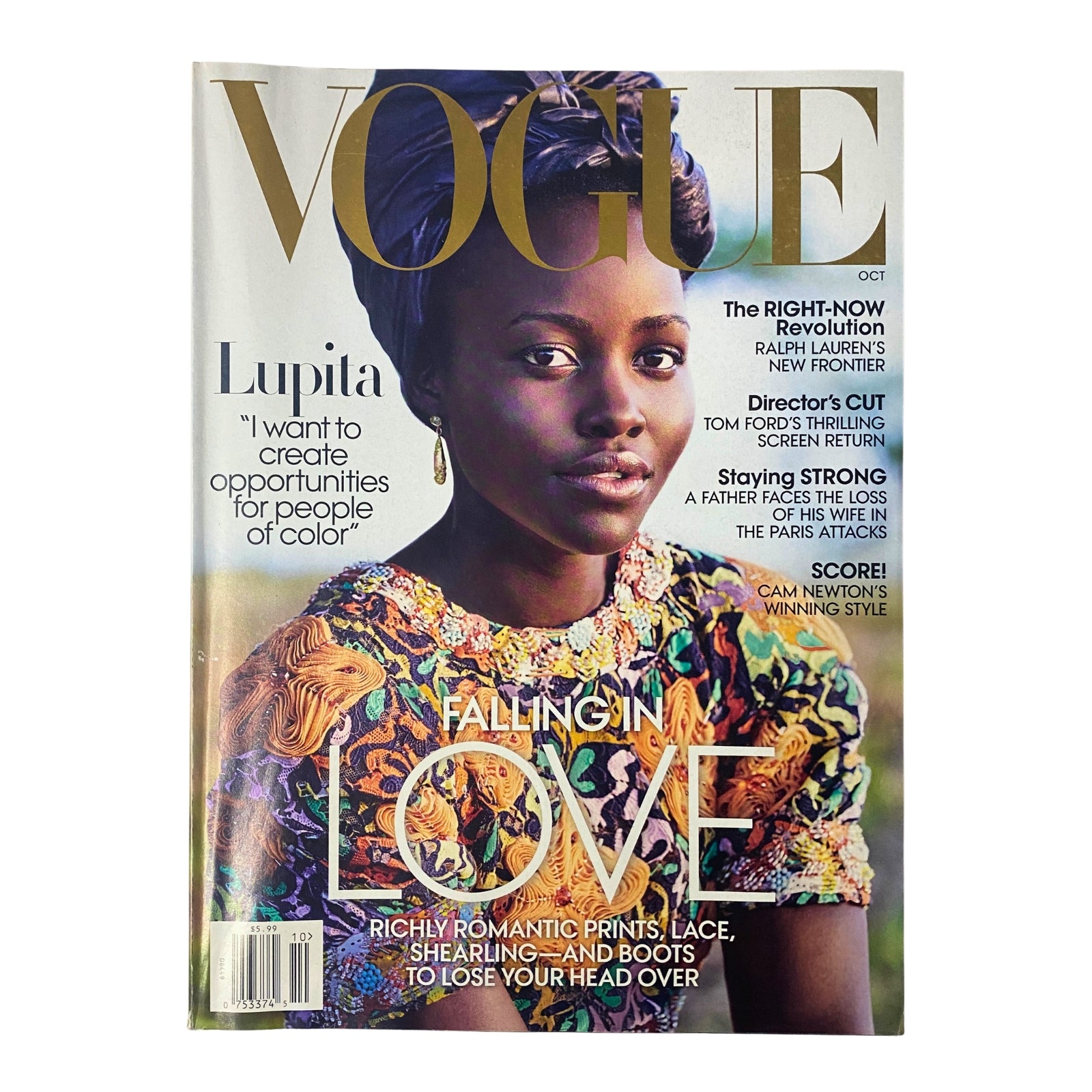 Vogue Magazine October 2016 featuring Lupita Nyong'o on the cover with the tagline 'FALLING IN LOVE'. This cover highlights her vibrant fashion style and aspirations for opportunities for people of color.