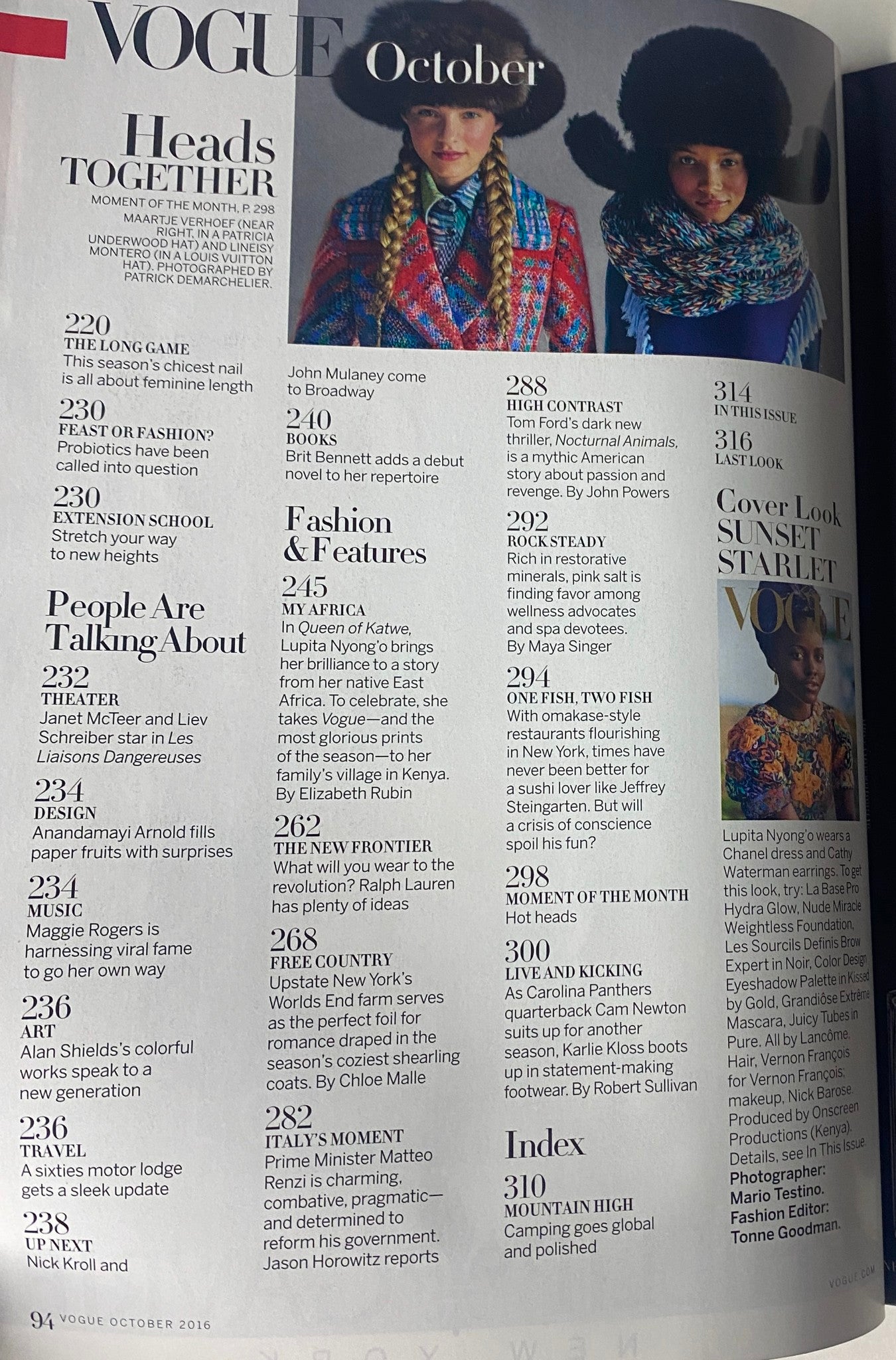 Table of contents page from Vogue Magazine October 2016, featuring Lupita Nyong'o, listing highlights and trending topics, including 'The Long Game' and 'Fashion & Features'.