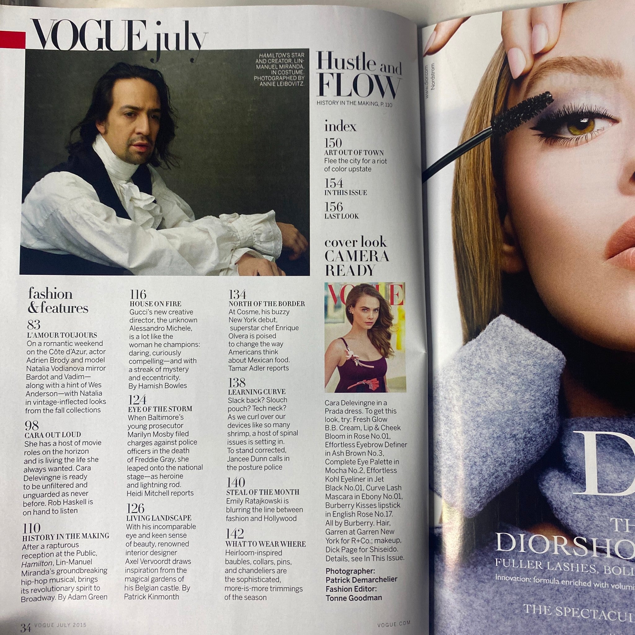 Inside page of Vogue Magazine July 2015 featuring content about prominent figures and fashion trends, including an index highlighting articles and features in this issue.