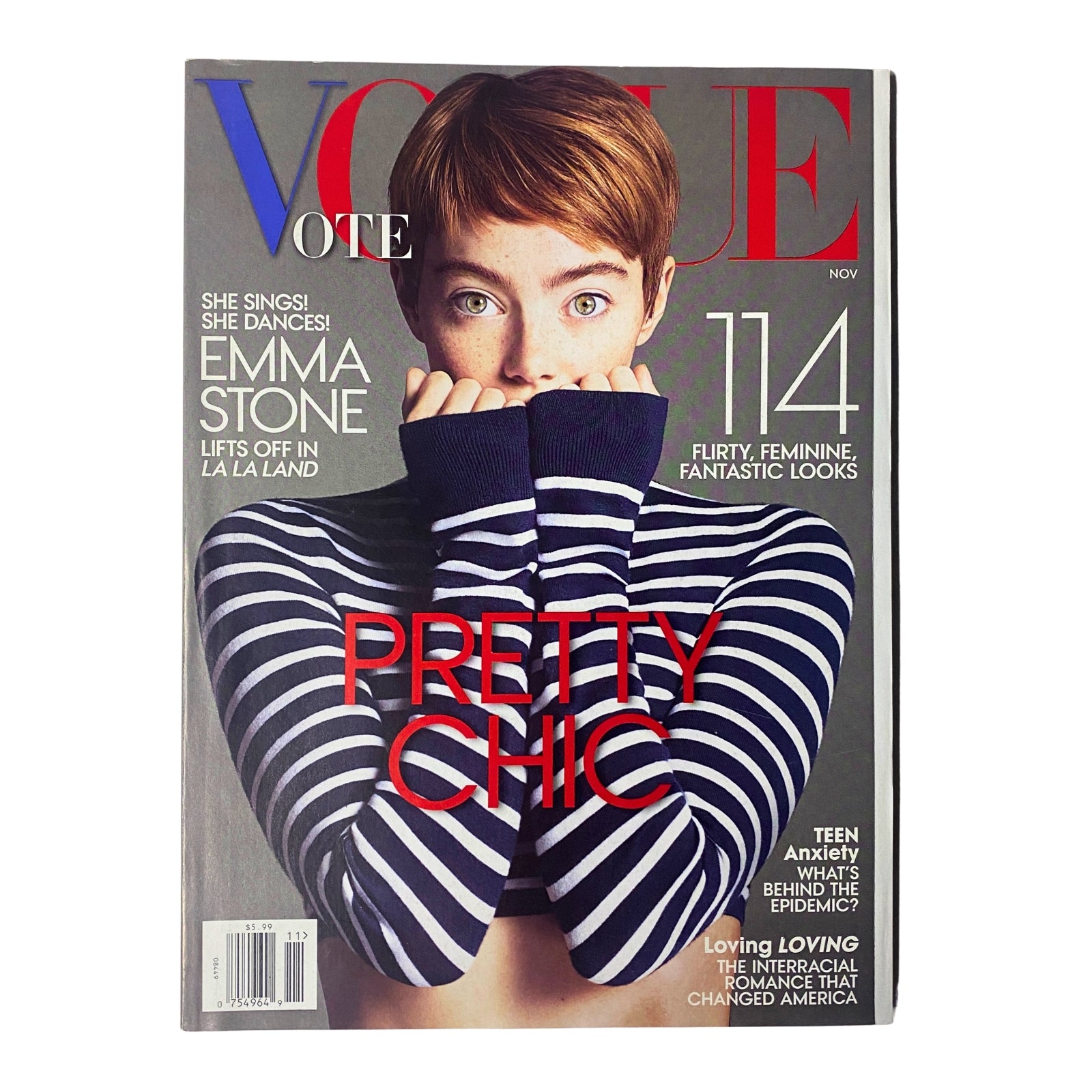 Vogue Magazine November 2016 cover featuring Emma Stone, showcasing her stylish striped sweater look with the headline 'Pretty Chic'.