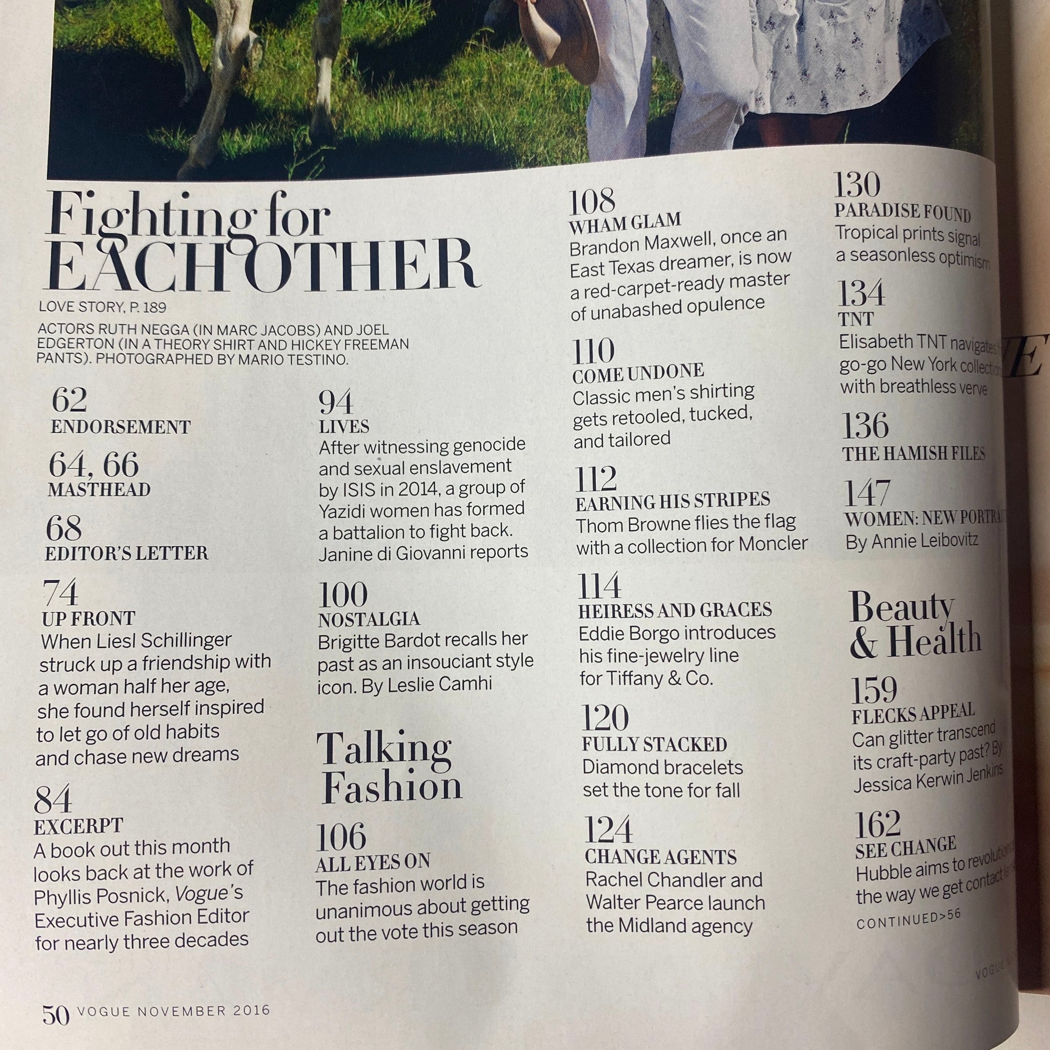 Table of Contents page from Vogue Magazine November 2016, listing features including 'Fighting for Each Other' and 'Talking Fashion', with Emma Stone prominently highlighted.