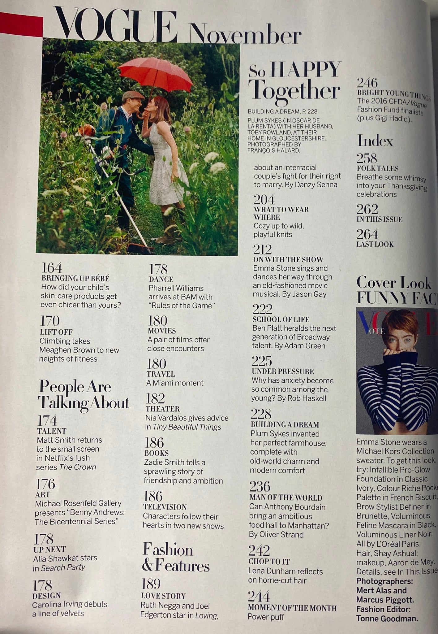 Another Table of Contents page from Vogue Magazine November 2016, detailing articles like 'People Are Talking About' and 'Fashion & Features', featuring Emma Stone.