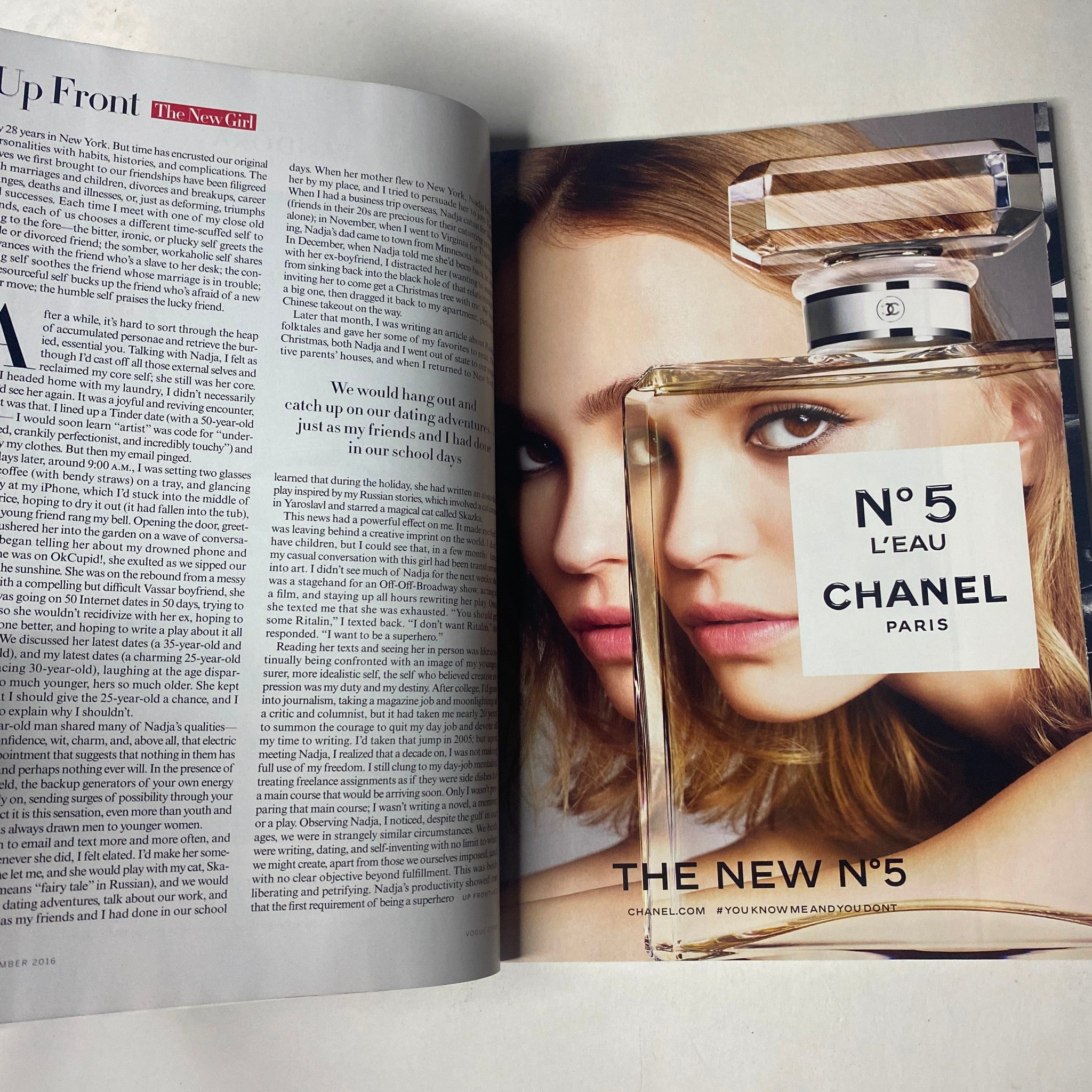 Page from Vogue Magazine November 2016 featuring a Chanel N°5 L'eau fragrance advertisement with a model, highlighting beauty and luxury. This is related to the Vogue Magazine November 2016 Emma Stone Cover No Label VG.