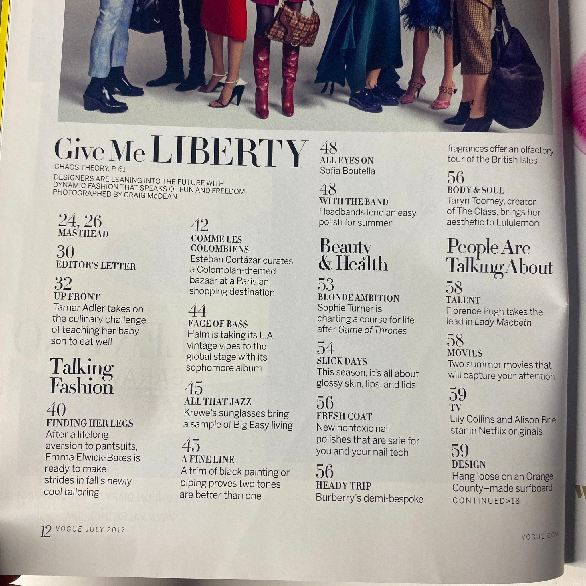 Table of Contents page from Vogue Magazine July 2017 featuring items like 'Talking Fashion' and beauty trends, including coverage of various influential figures and topics.