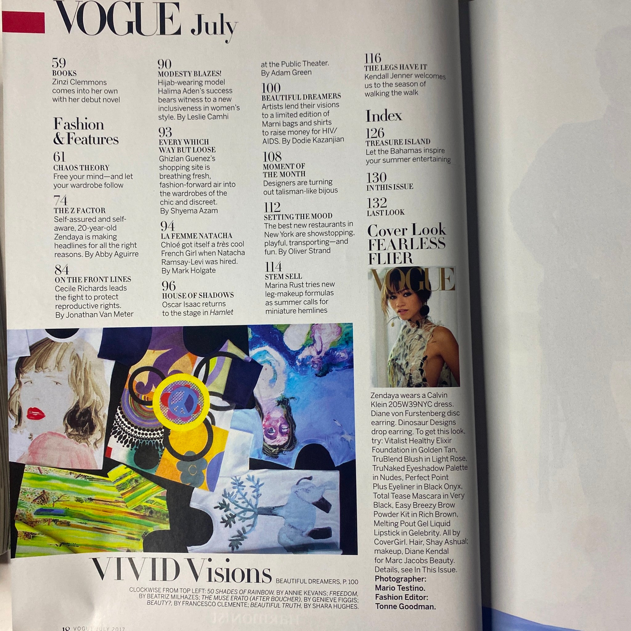 Interior page from Vogue Magazine July 2017, displaying articles and fashion features, including 'Vivid Visions' and insights into Zendaya’s style.