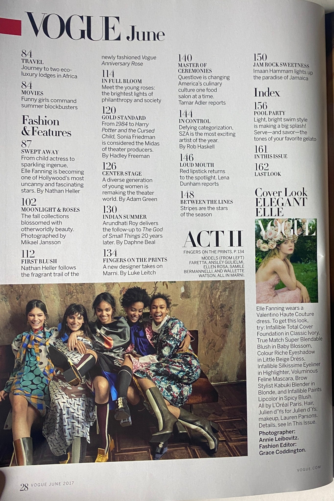Page from Vogue Magazine June 2017 featuring Elle Fanning and fashion features, highlighting articles such as 'Swept Away' and 'Talking Fashion'.