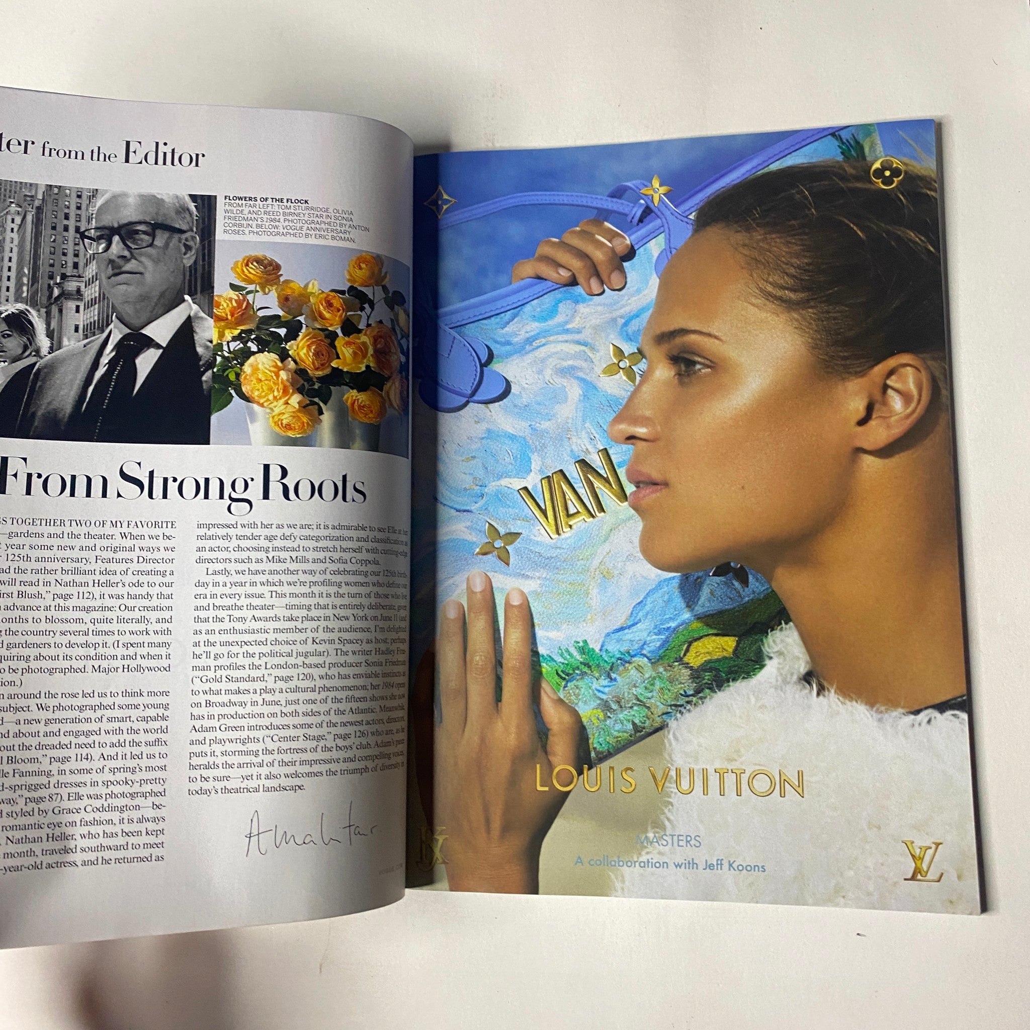 Editorial page from Vogue Magazine June 2017 showcasing a Louis Vuitton advertisement with artistic designs and a profile portrait, along with a letter from the editor.