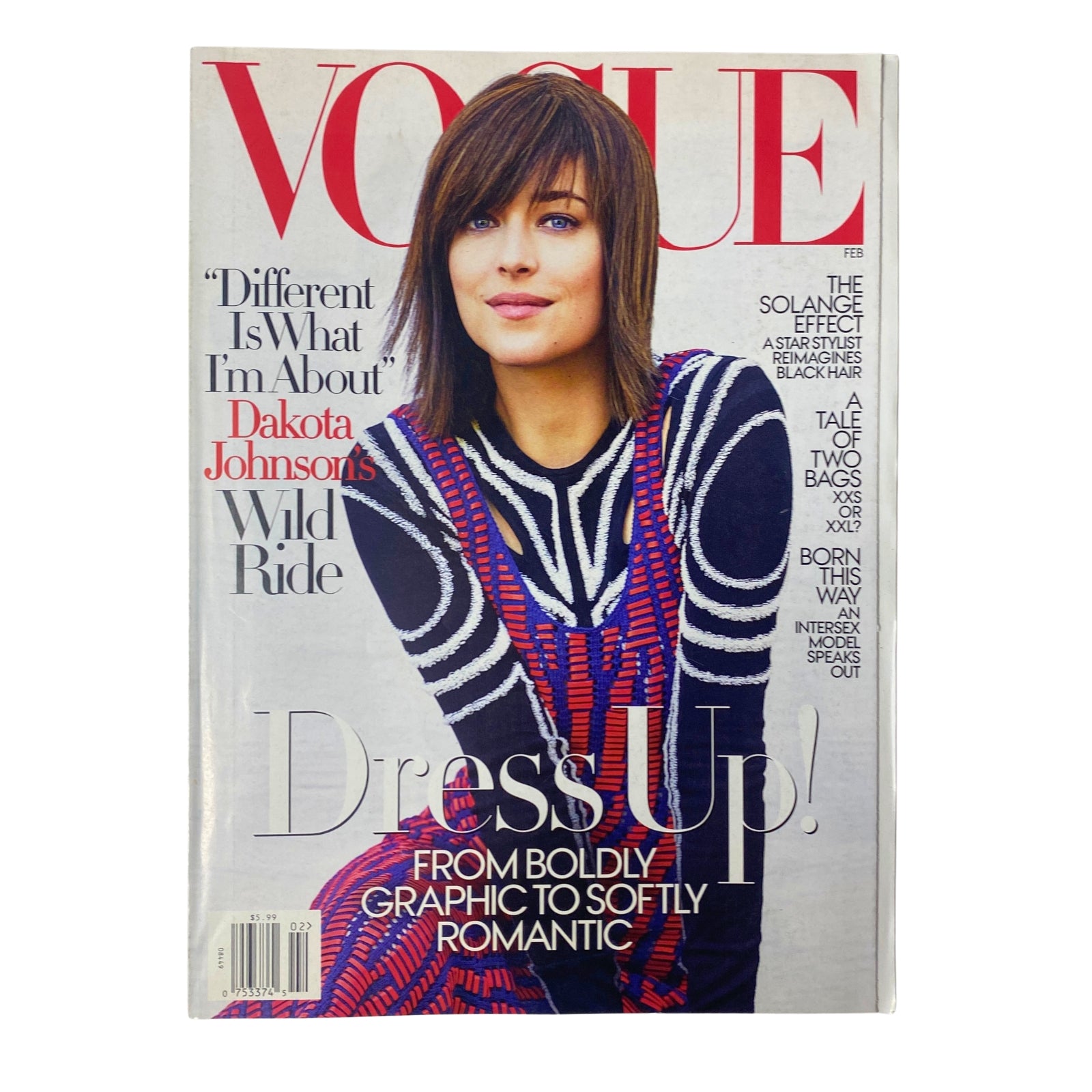 Cover of Vogue Magazine February 2017 featuring Dakota Johnson with the title 'Vogue Magazine February 2017 Dakota Johnson Cover No Label VG'. The design showcases a bold graphic pattern and highlights Dakota's hairstyle and fashion.