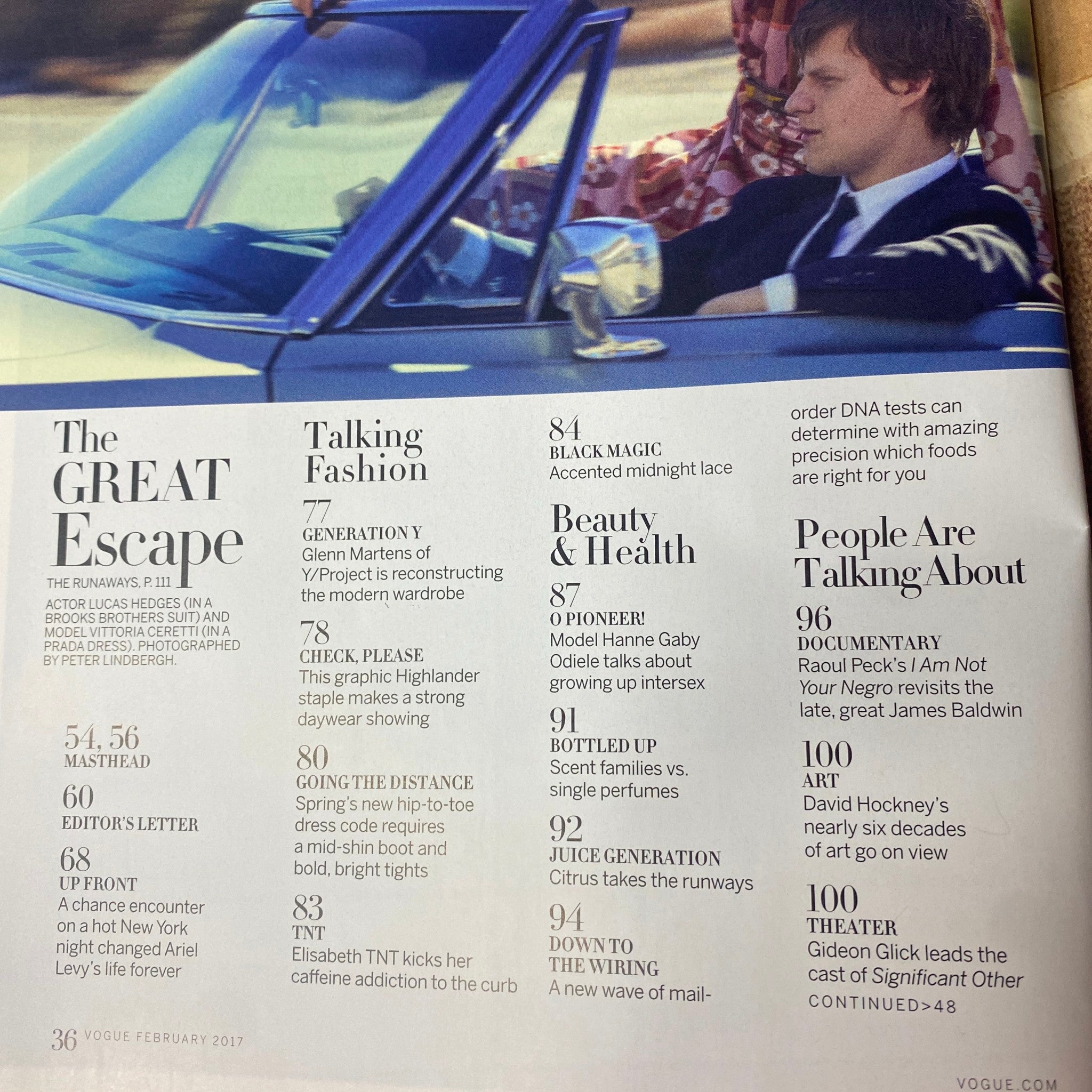 Interior page of Vogue Magazine February 2017 listing articles, including 'The Great Escape' and features on fashion and beauty topics. This page is part of the issue that includes the cover story 'Vogue Magazine February 2017 Dakota Johnson Cover No Label VG'.