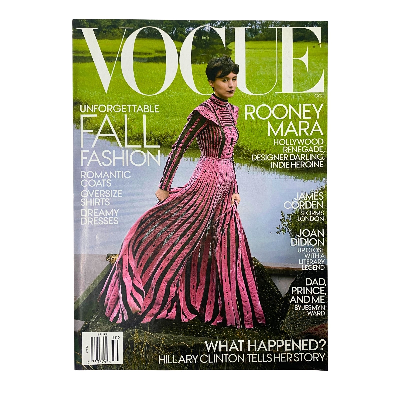Vogue Magazine October 2017 featuring Rooney Mara on the cover in a pink striped dress, highlighting fall fashion trends and notable articles including discussions on Hollywood and interviews.