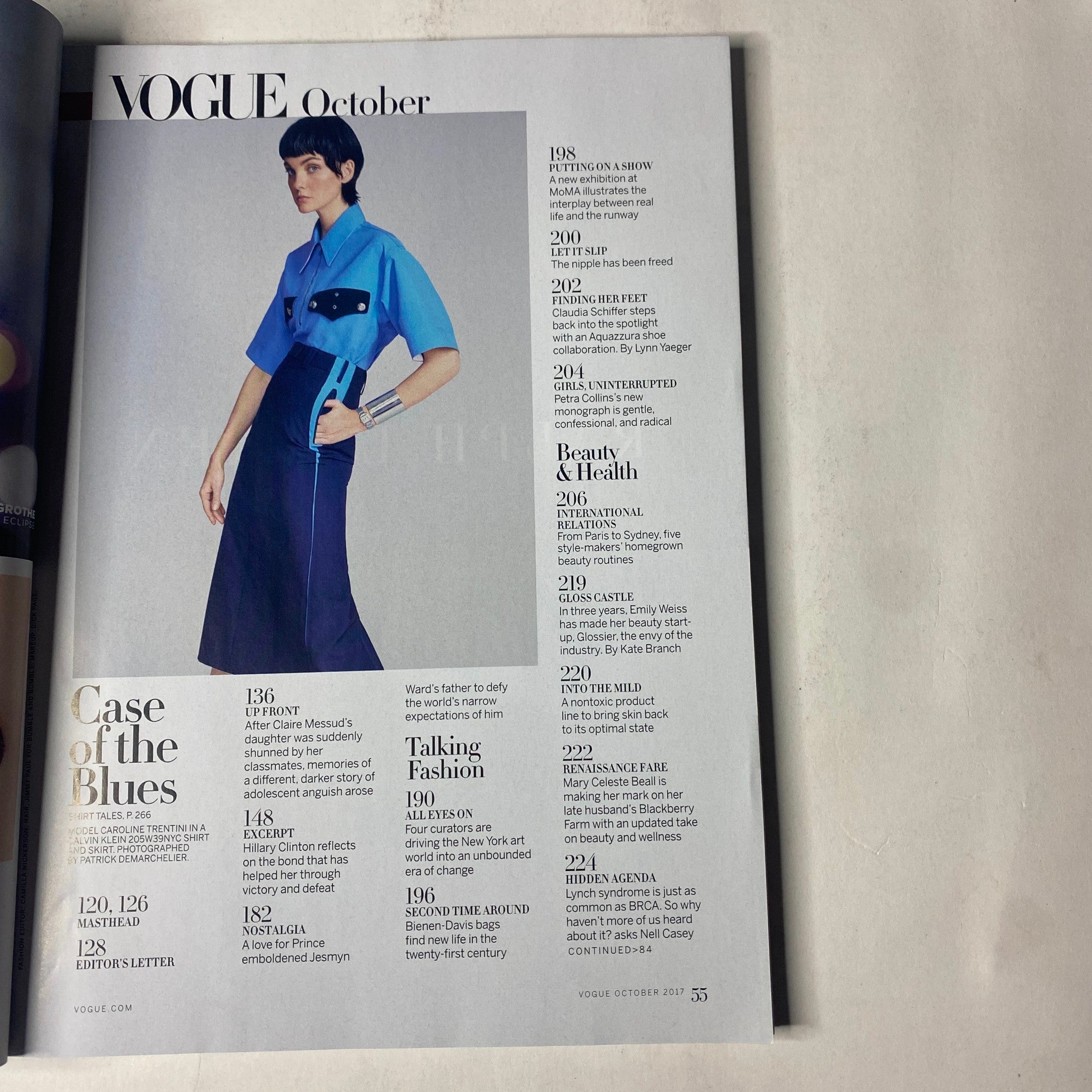 Table of contents from Vogue Magazine October 2017 featuring Rooney Mara, showcasing various articles and highlights of the issue.