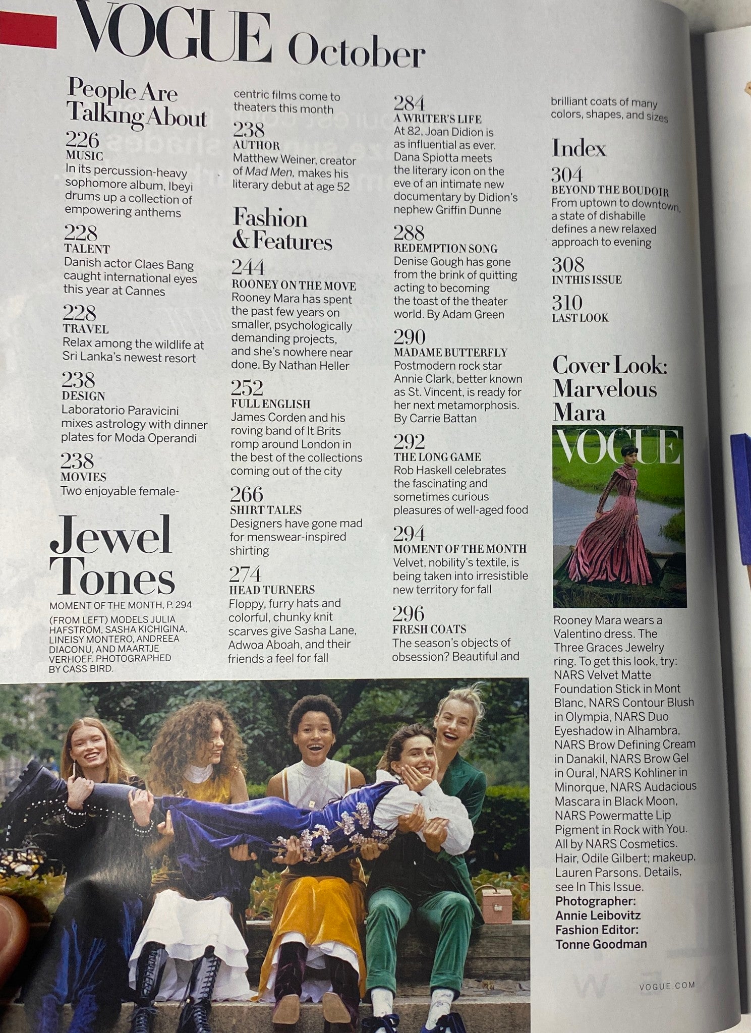 Another page from Vogue Magazine October 2017, highlighting articles including 'Rooney on the Move' along with group of diverse women featured in the magazine.