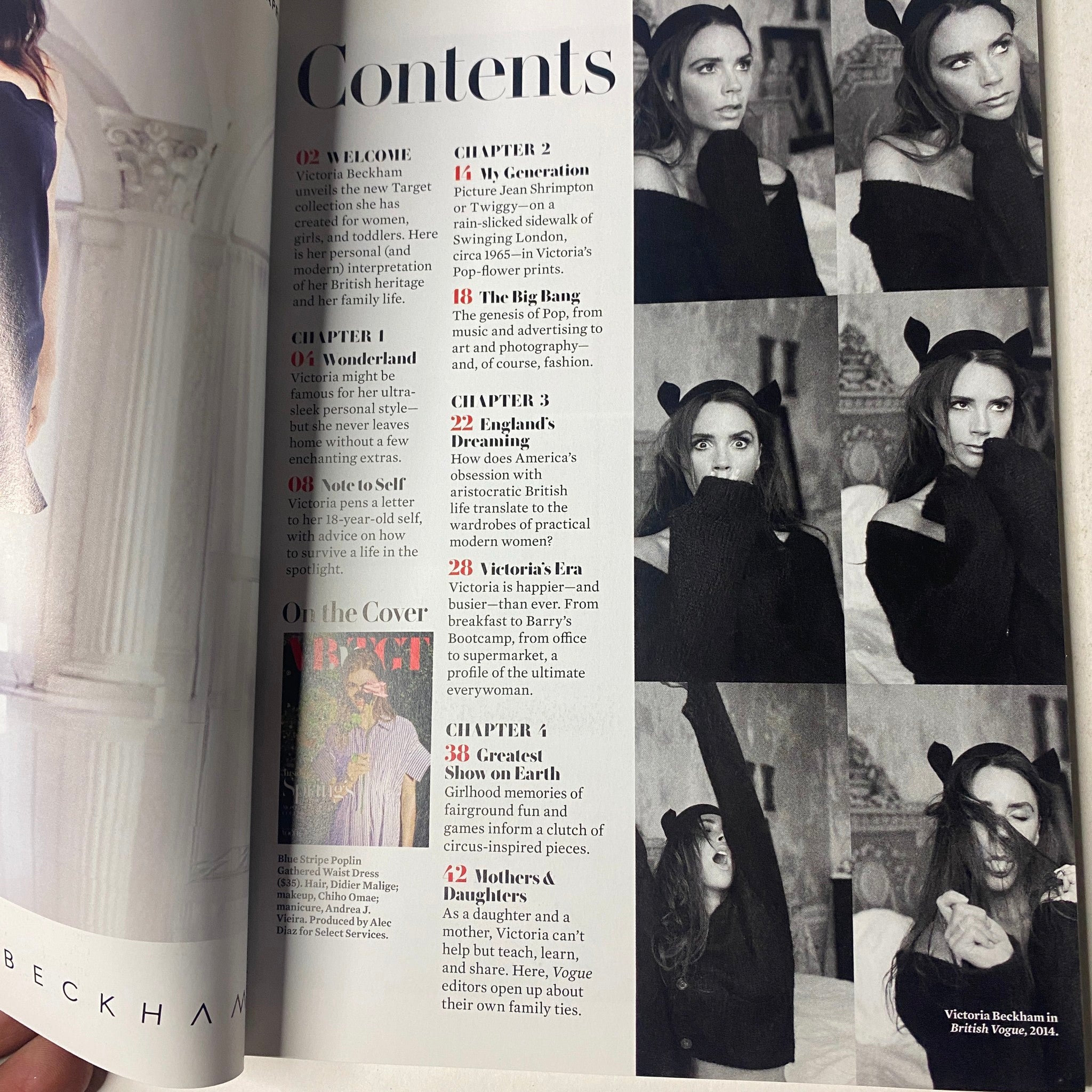 Table of contents from Vogue Magazine highlighting chapters of Victoria Beckham’s Spring Collection, including features like 'My Generation' and 'The Big Bang.' Title: Vogue Magazine Victoria Beckham Spring Collection No Label VG.