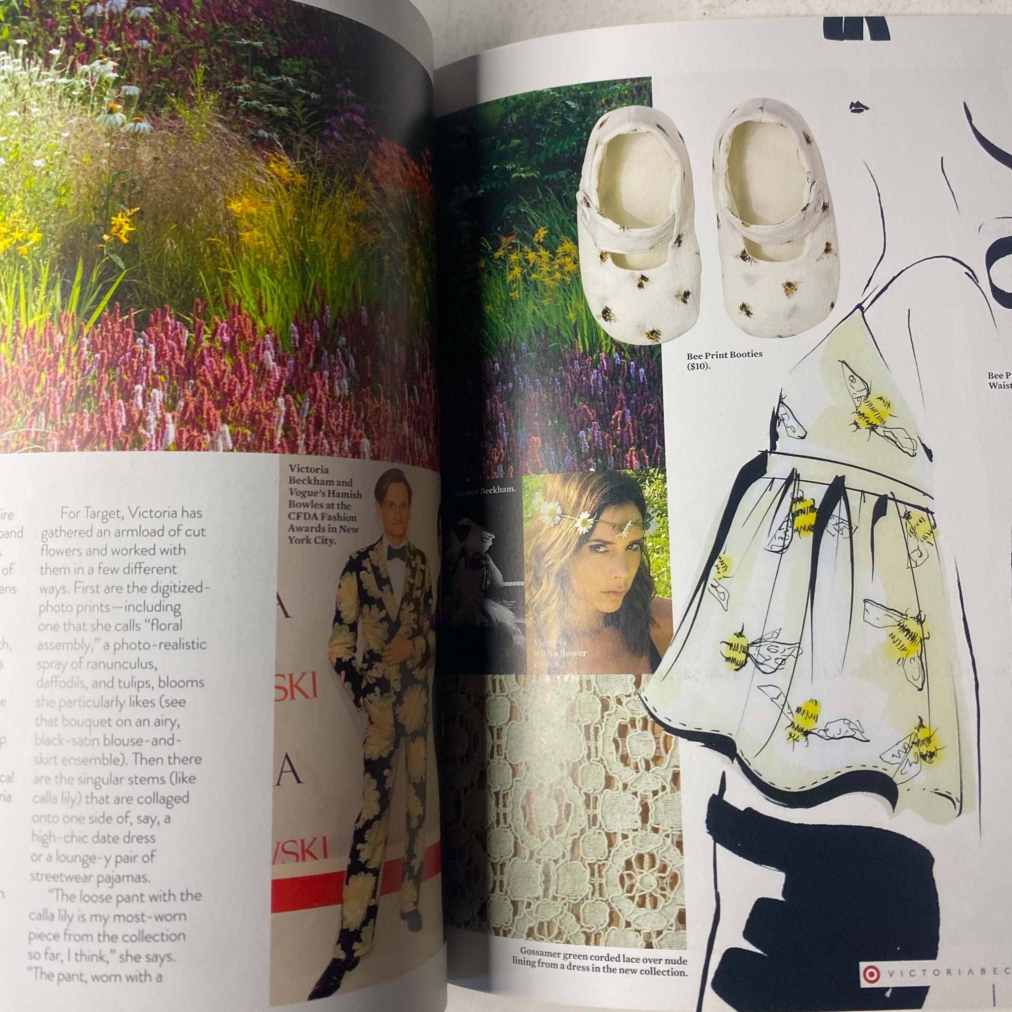 Page showcasing Victoria Beckham’s designs for Target, with floral and fashion illustrations alongside baby shoes. Title: Vogue Magazine Victoria Beckham Spring Collection No Label VG.