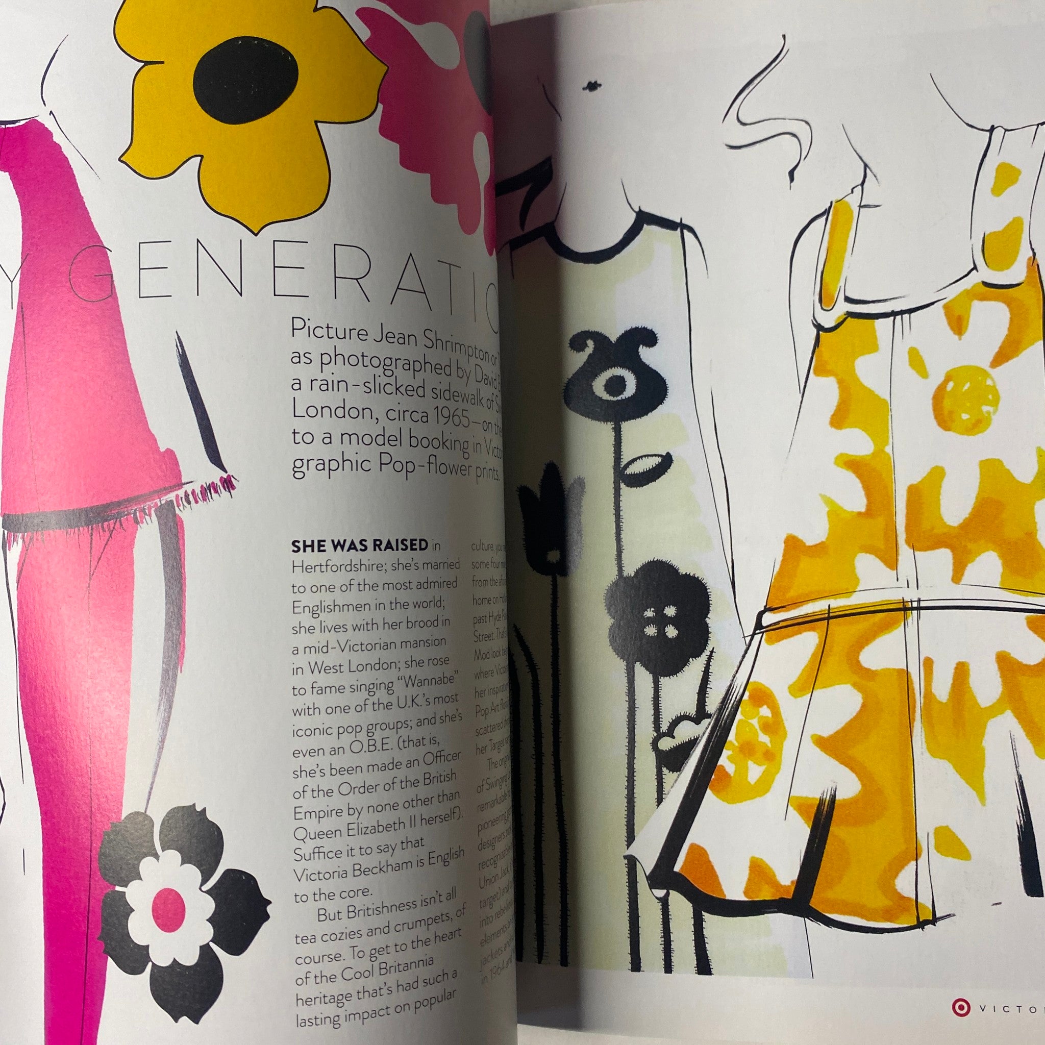Illustrated page from Vogue Magazine featuring designs inspired by British fashion icons, showcasing vibrant patterns and clothing designs. Title: Vogue Magazine Victoria Beckham Spring Collection No Label VG.
