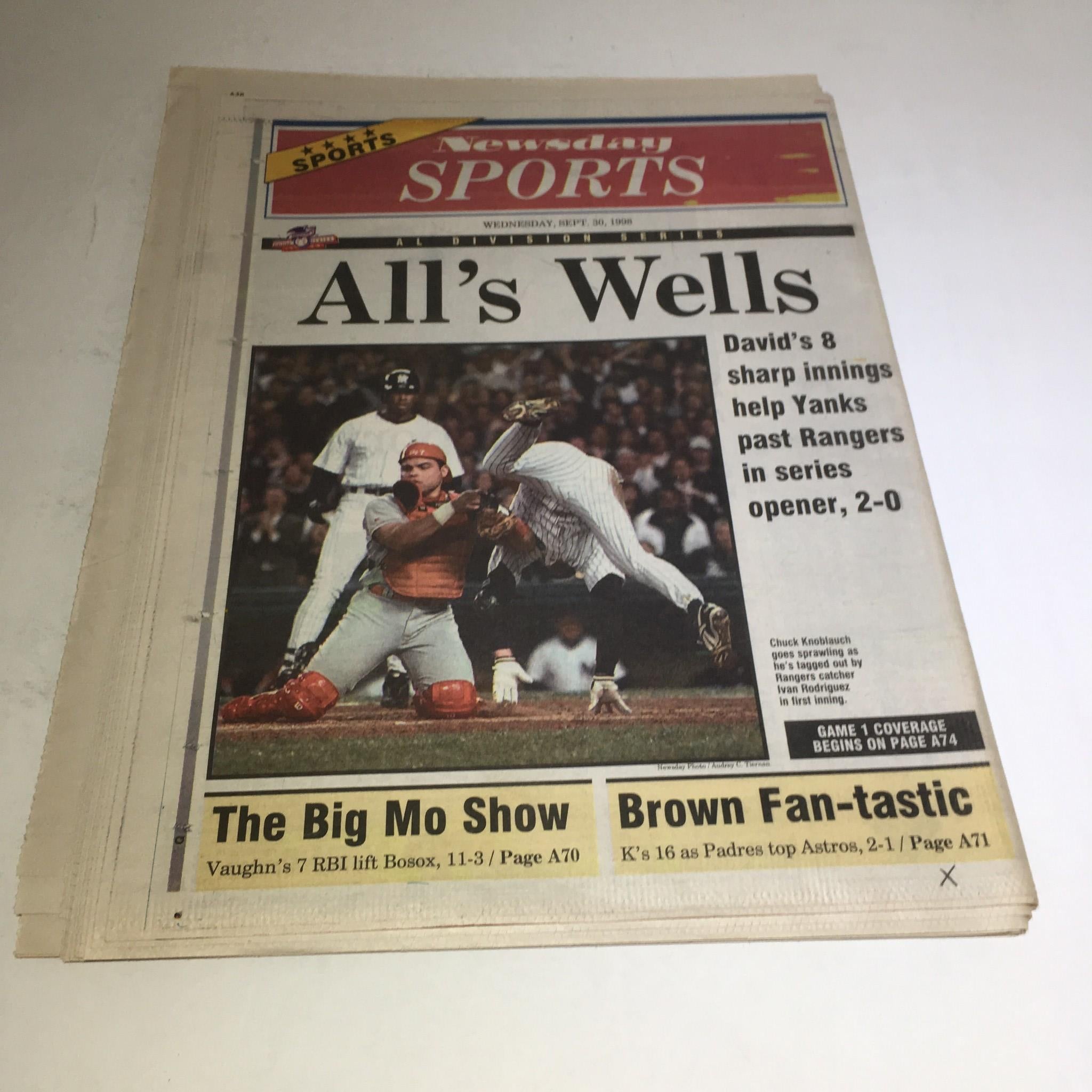 Newsday: Sept 30 1998 That's One Play Off Opener NY New York Yankees Playoffs