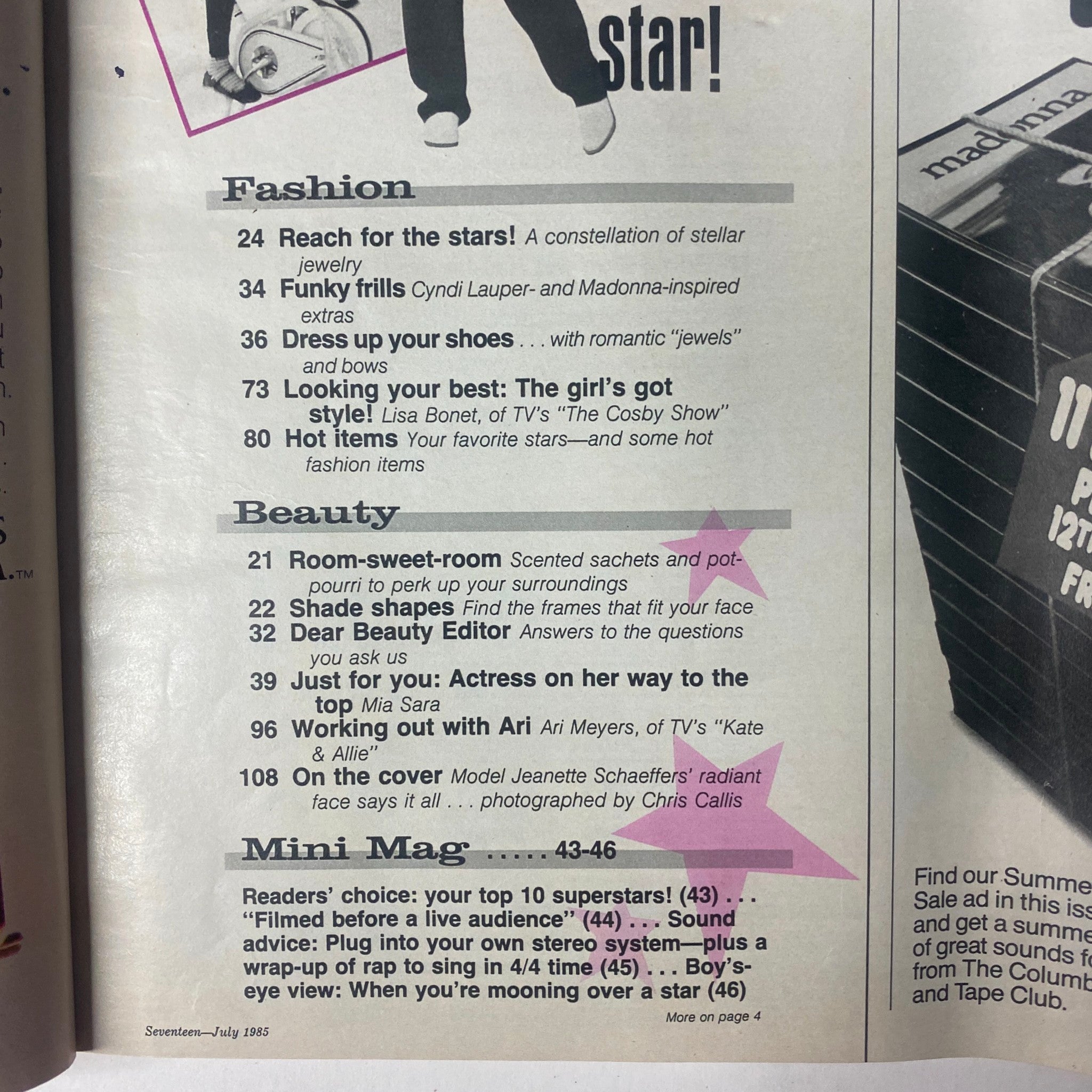 Contents page of Seventeen Magazine July 1985 highlighting fashion and beauty features including Joan Collins and John Taylor, along with various beauty tips and fashion trends.