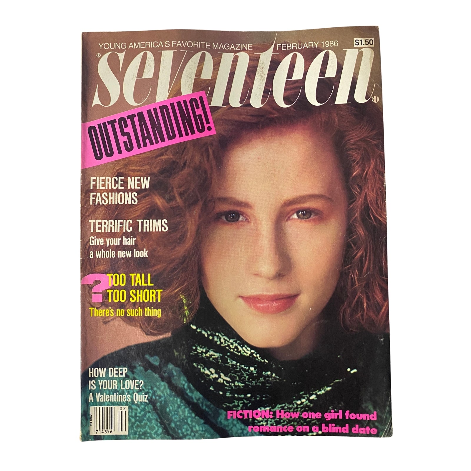 Cover of Seventeen Magazine February 1986 featuring a young woman with curly hair, bold headline 'OUTSTANDING!', and themes of fashion and love in the issue titled 'The Romance of a Lifetime'.