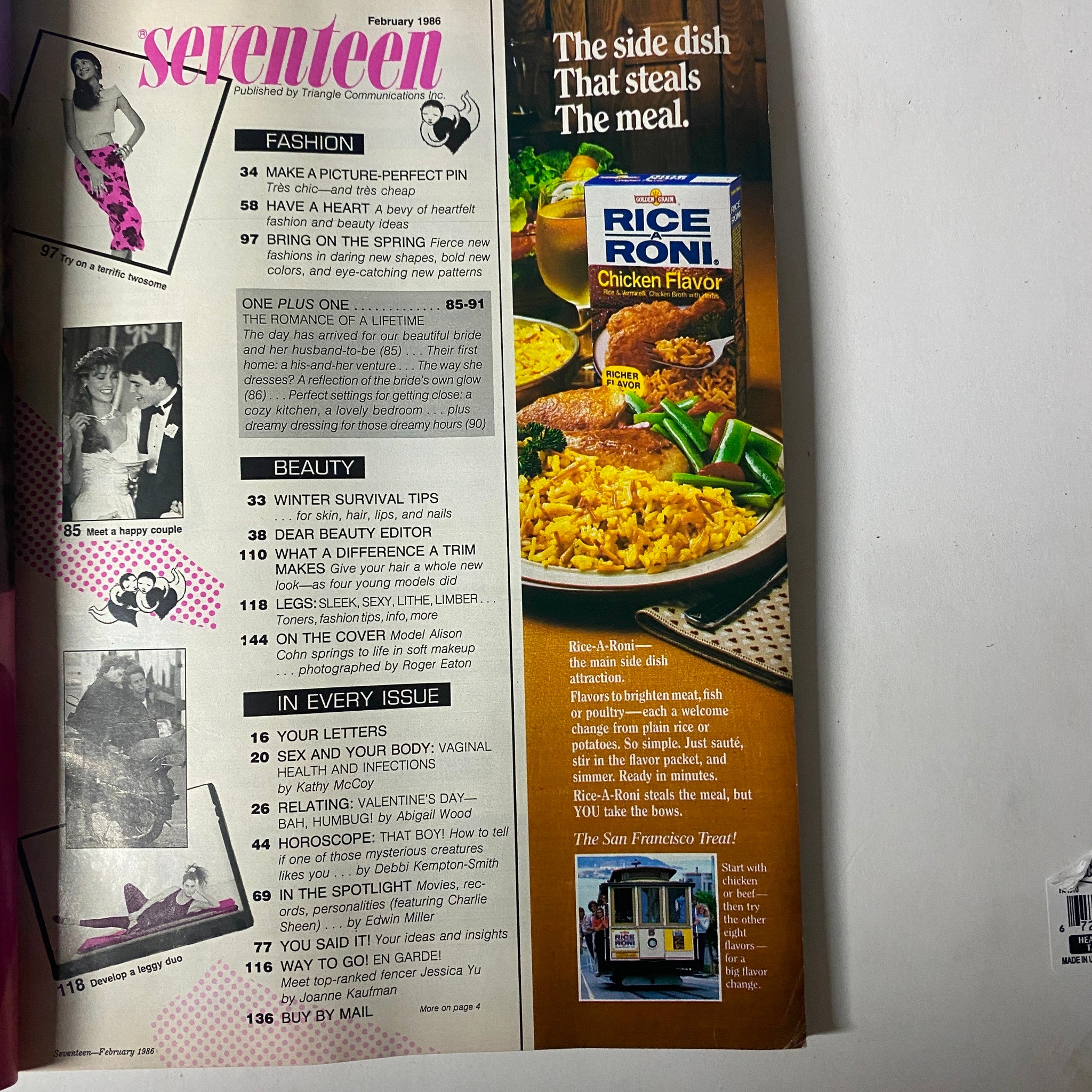Table of Contents from Seventeen Magazine February 1986, showcasing articles on fashion, beauty, and relationships, relevant to the theme 'The Romance of a Lifetime'.
