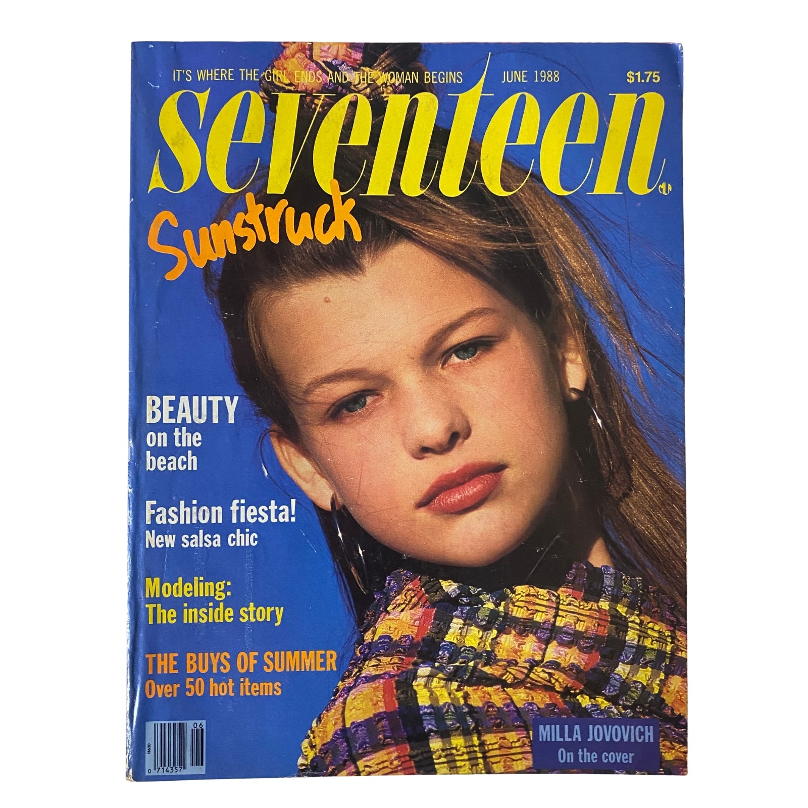 Seventeen Magazine June 1988 featuring Milla Jovovich on the cover with colorful beach fashion and beauty highlights. The magazine showcases trends such as summer fashion and lifestyle tips from the late 1980s.