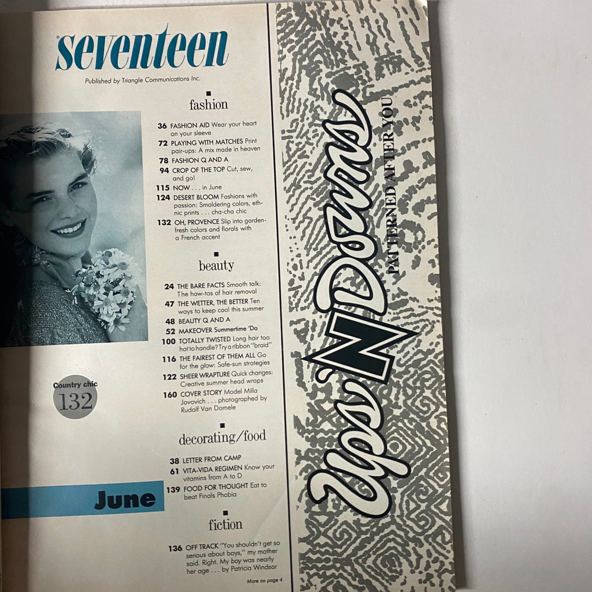 Inside page of Seventeen Magazine June 1988 displaying the Table of Contents, highlighting fashion and beauty segments, as well as features on lifestyle tips.