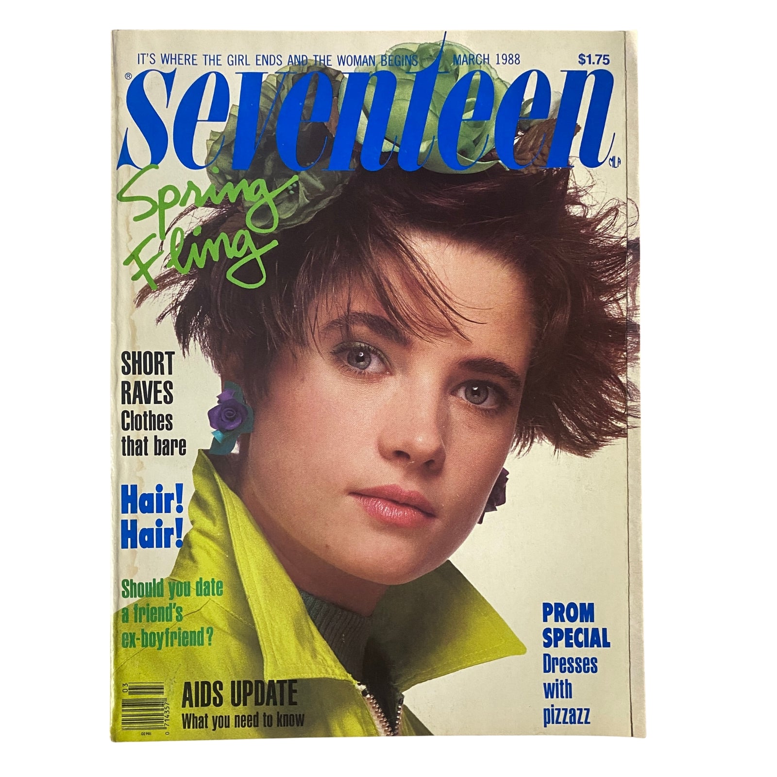 Seventeen Magazine March 1988 Meighan Williams Leibert Cover featuring the model with stylish hair and a bright green jacket, highlighting 'Spring Fling' and fashion trends of the late 80s.