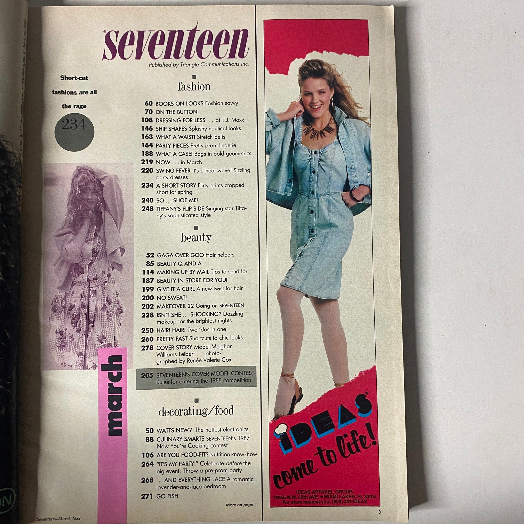 Inside page of Seventeen Magazine March 1988 showcasing the Table of Contents with fashion, beauty, and lifestyle topics, providing a glimpse into the content of this vintage issue.