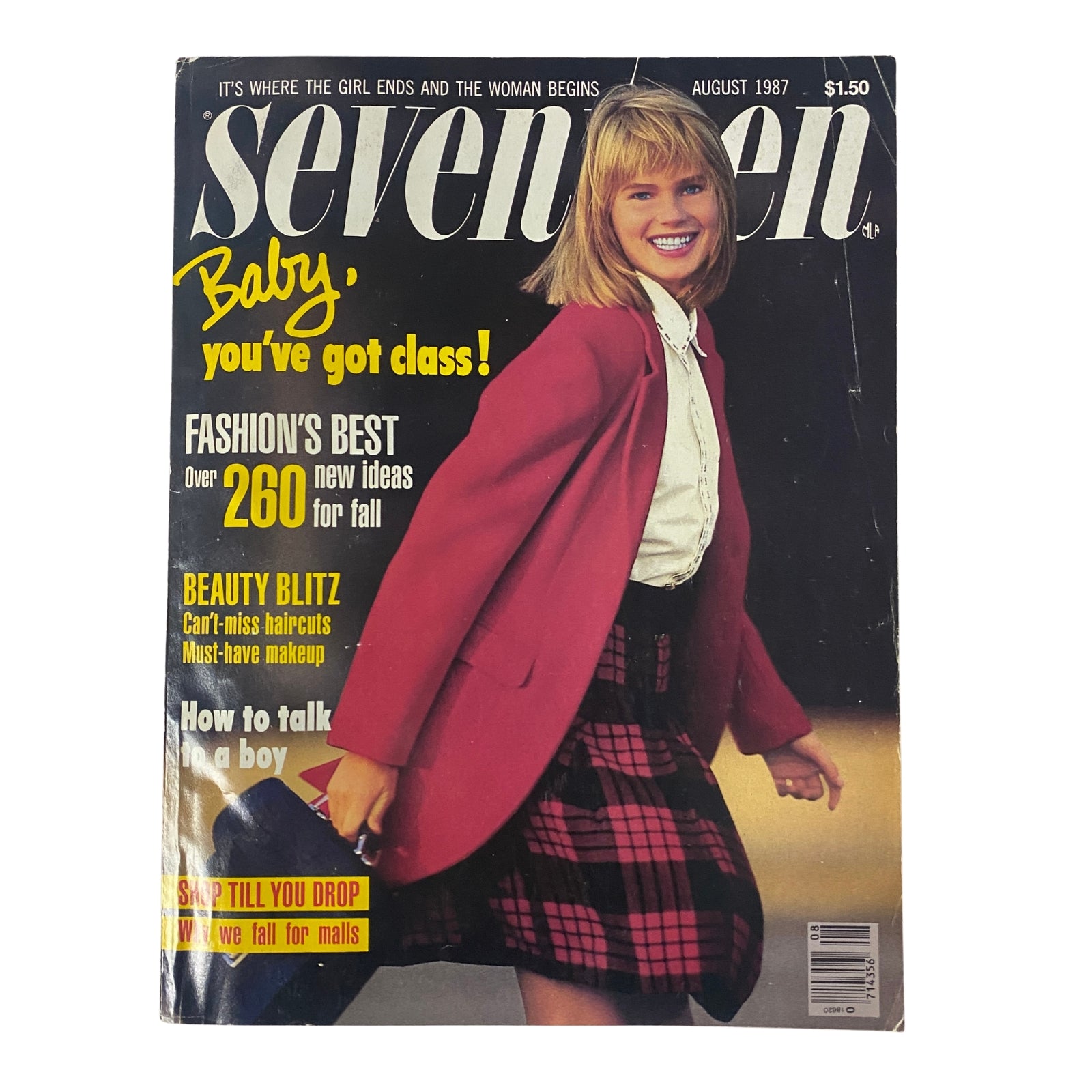 Seventeen Magazine August 1987 cover featuring model Debi Small, showcasing vibrant summer-to-fall fashion with bold text 'Baby, you've got class!' and a price of $1.50.