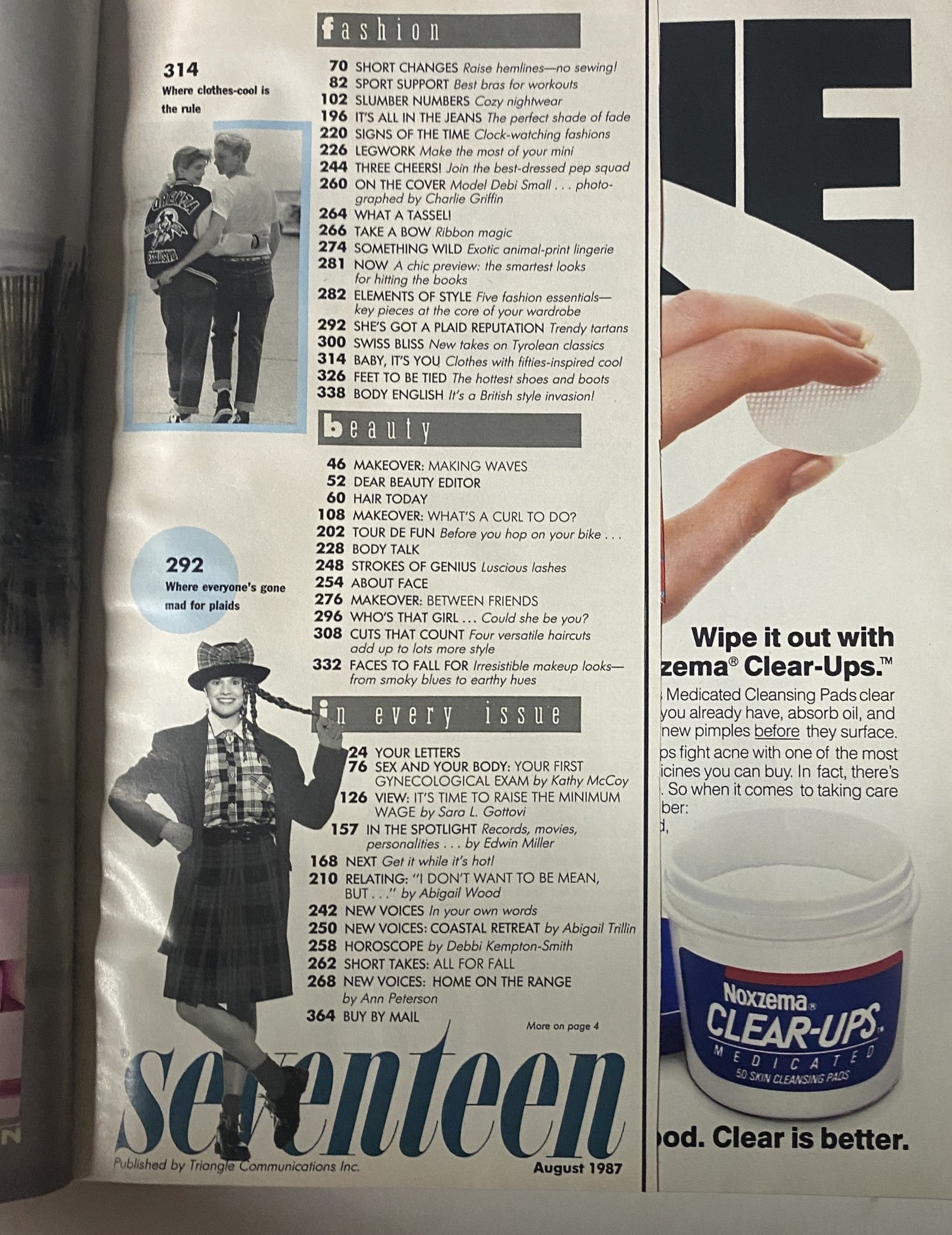 Table of contents from Seventeen Magazine August 1987, highlighting featured articles on fashion and lifestyle topics including body awareness and beauty tips.