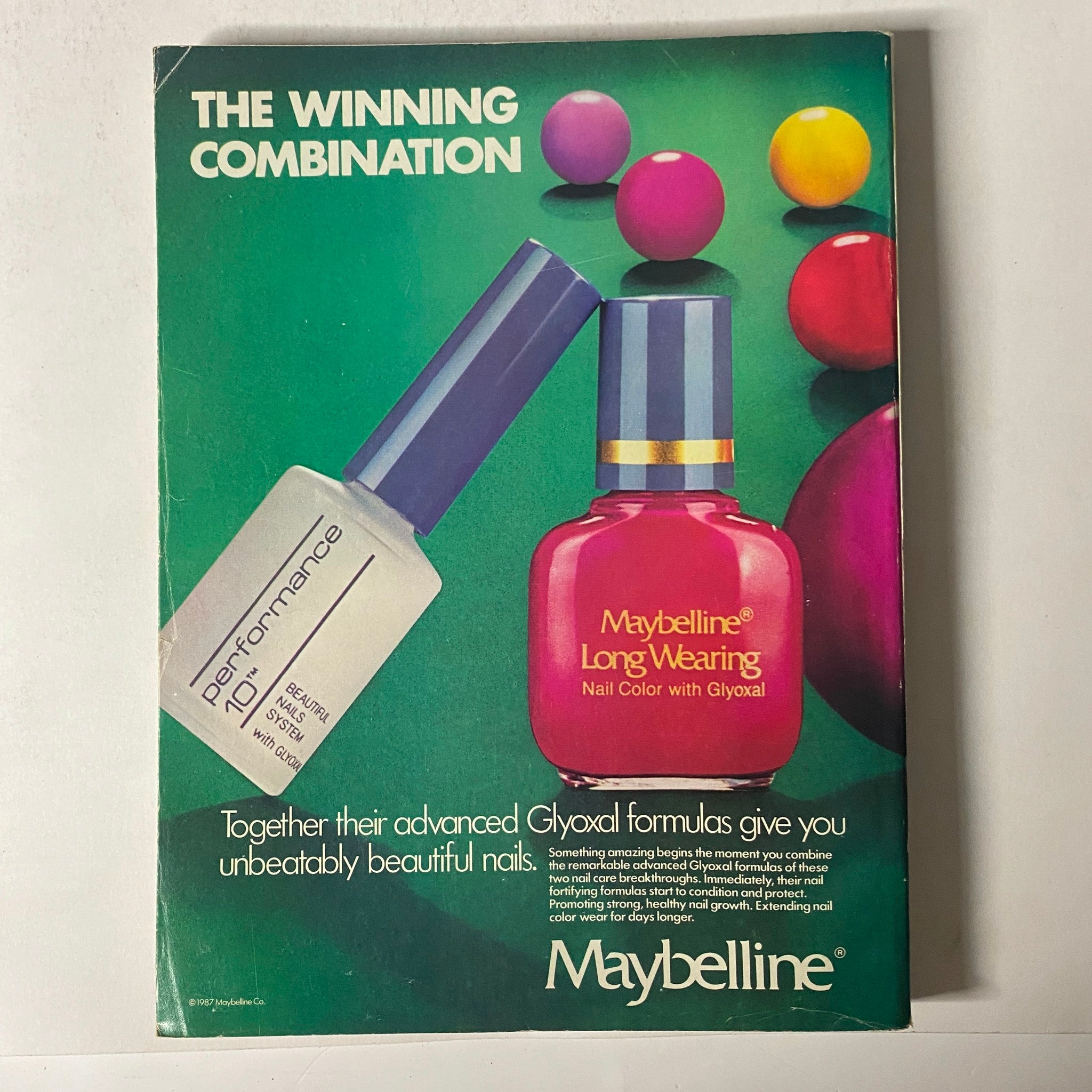Back advertisement in Seventeen Magazine August 1987 for Maybelline featuring nail care products, promoting advanced Glyoxal formulas for beautiful nails.