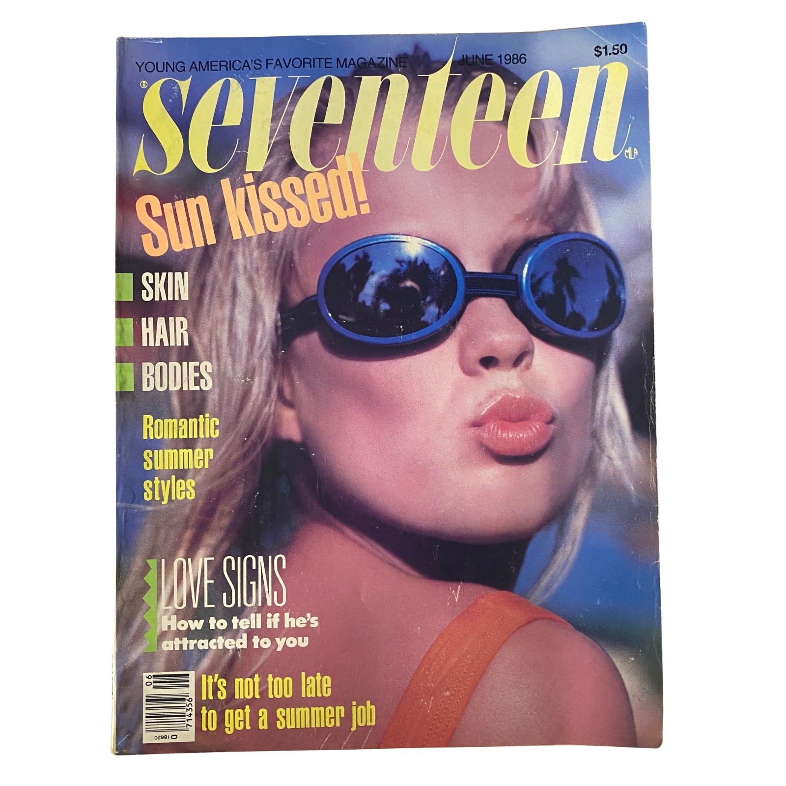 Seventeen Magazine June 1986 cover featuring model with sunglasses, showcasing sun-kissed look and bold summer fashion. Title: 'Seventeen Magazine June 1986 Sun-Worshiper Tina Cover No Label'.